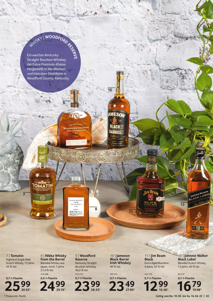 Aktueller Prospekt Selgros - Osterfest - von 10.03 bis 16.04.2022 - strona 43 - produkty: aeg, black label, blended scotch, blended scotch whisky, bourbon, bourbon whiskey, eis, flasche, irish whiskey, jameson, jim beam, johnnie walker, kentucky straight, lack, reis, rel, scotch, scotch whisky, single malt, Ti, Tomatin, tuc, whiskey, whisky