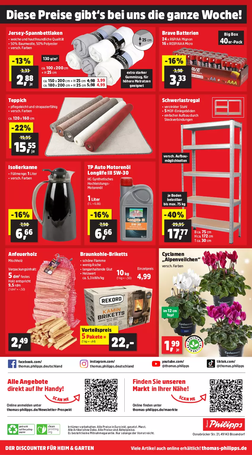 Aktueller Prospekt Thomas Philipps - von 04.11 bis 09.11.2024 - strona 16 - produkty: abholpreise, alle preise sind abholpreise, Alpenveilchen, Anfeuerholz, angebot, angebote, auto, Auto Moto, batterie, batterien, Bau, baumwolle, bett, braun, briketts, Clin, discount, eis, Garten, Handy, Holz, isolierkanne, lamm, longlife, matratze, matratzen, motorenöl, papier, regal, reis, schwerlastregal, spannbettlaken, teppich, Ti, tisch, topf, vorteilspreis, wolle, Yo