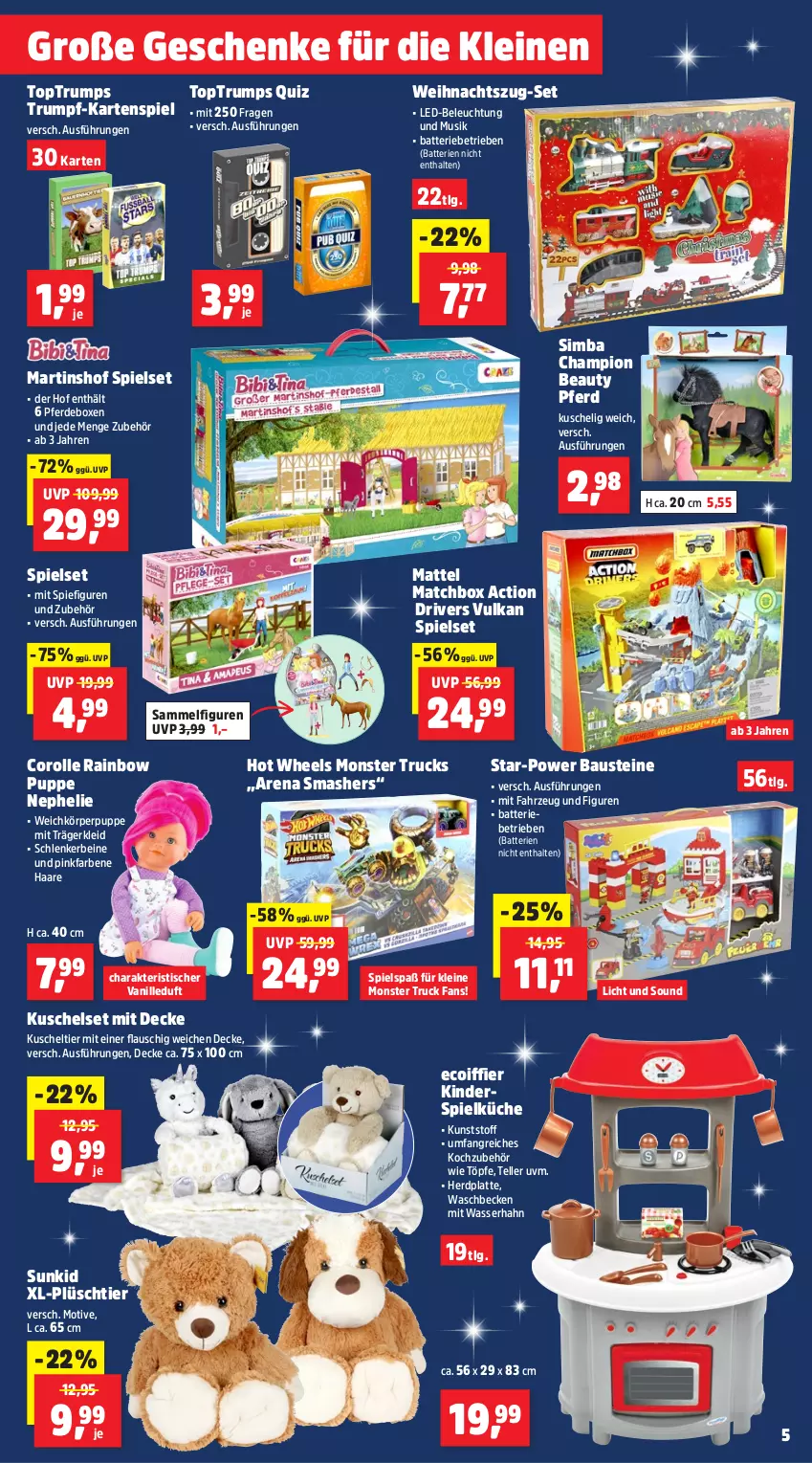 Aktueller Prospekt Thomas Philipps - von 04.11 bis 09.11.2024 - strona 5 - produkty: aust, batterie, batterien, Bau, beleuchtung, champion, decke, elle, erde, Hot Wheels, Kartenspiel, Kinder, Kinderspiel, kleid, küche, latte, led-beleuchtung, leine, LG, Mattel, monster, Monster Truck, Plüsch, Puppe, rum, sim, simba, Spielküche, teller, Ti, tisch, vanille, waschbecken, wasser