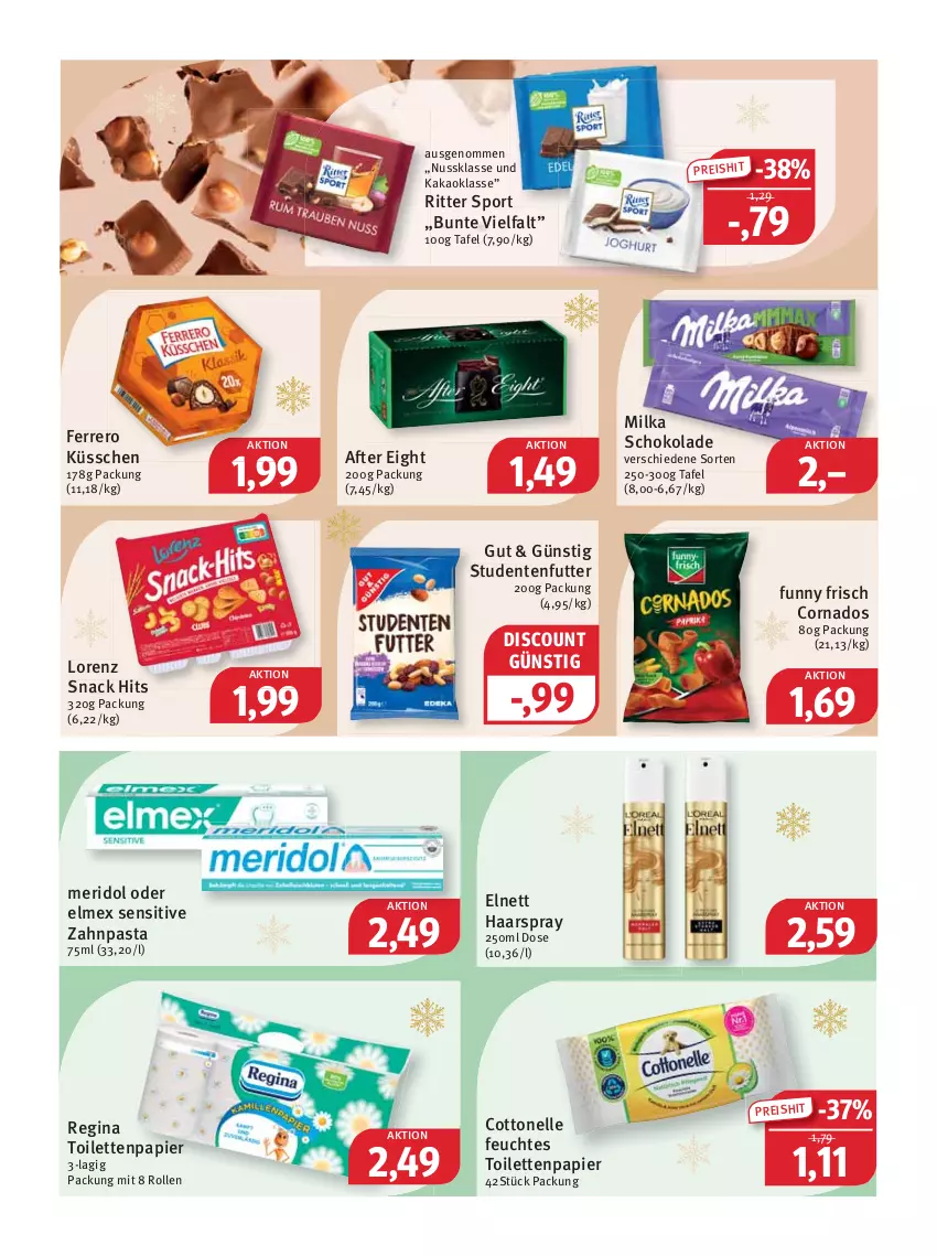 Aktueller Prospekt Feneberg - Prospekte - von 22.12 bis 24.12.2022 - strona 14 - produkty: after eight, cottonelle, discount, eis, elle, elmex, elnett, ente, ferrero, feuchtes toilettenpapier, Funny Frisch, gin, haarspray, kakao, lorenz, meridol, milka, milka schokolade, nuss, papier, pasta, reis, ritter, ritter sport, schoko, schokolade, snack, Sport, studentenfutter, Ti, toilettenpapier, zahnpasta