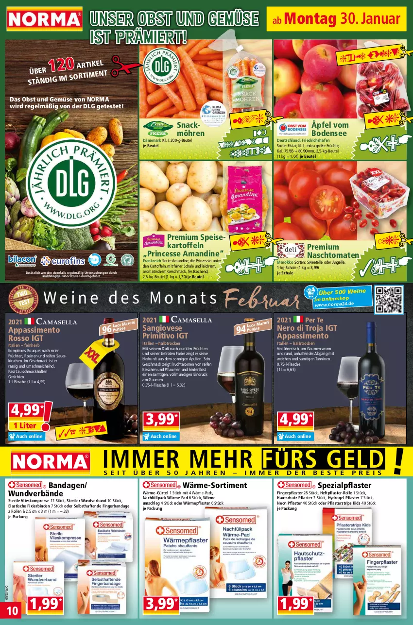 Aktueller Prospekt Norma - Norma - von 30.01 bis 06.02.2023 - strona 10 - produkty: asti, auer, beutel, binden, eis, elle, erde, flasche, frucht, früchte, früchten, kartoffel, kartoffeln, kirsch, kirsche, kirschen, LG, mac, möhren, nero, obst, Obst und Gemüse, pflaster, pflaume, pflaumen, primitivo, reifen, reis, sauerkirschen, Schal, Schale, sim, snack, speisekartoffeln, Spezi, tender, Ti, tiefpreis, tisch, tomate, tomaten, und gemüse, wein, weine