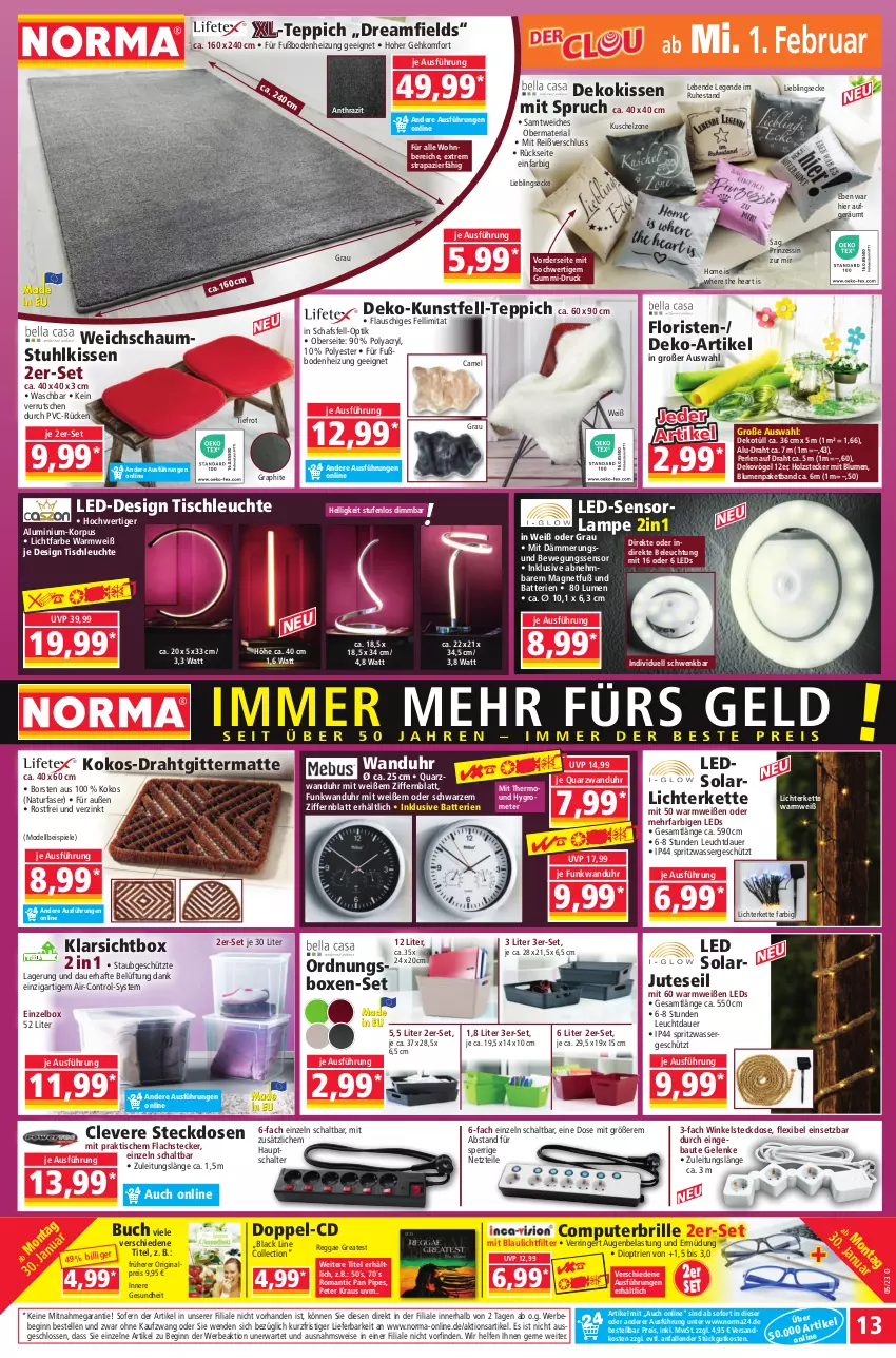 Aktueller Prospekt Norma - Norma - von 30.01 bis 06.02.2023 - strona 13 - produkty: auer, batterie, batterien, Bau, Bebe, beleuchtung, Bewegungssensor, blume, blumen, Brille, buch, computer, dekokissen, dell, Draht, eis, elle, Gesundheit, gin, Grom, Holz, Hygrometer, Kette, kissen, Klarsichtbox, kokos, lachs, lack, Lampe, leds, Leuchte, lichterkette, Mode, natur, ndk, perlen, pute, reis, Ria, ring, Schal, Sensorlampe, Spiele, steckdose, stuhl, stuhlkissen, teppich, Ti, tisch, tischleuchte, uhr, wanduhr, wasser, ZTE