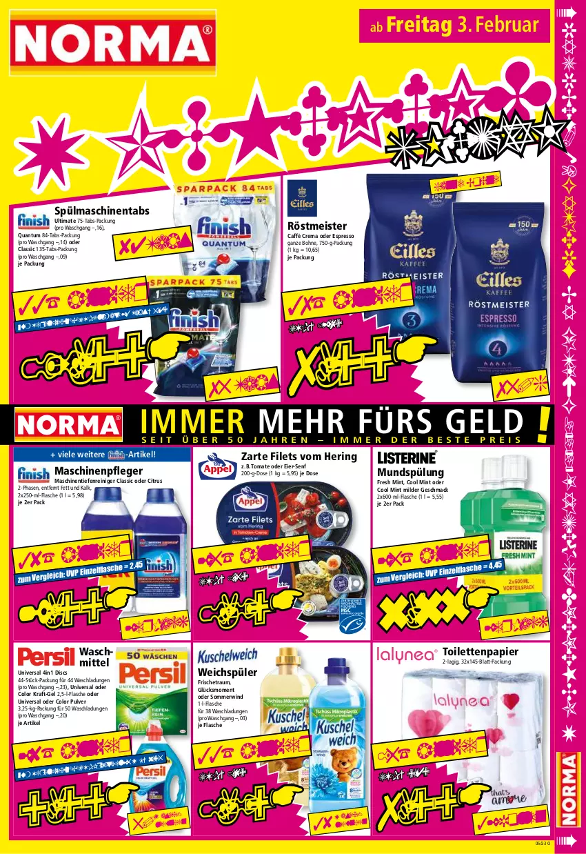 Aktueller Prospekt Norma - Norma - von 30.01 bis 06.02.2023 - strona 15 - produkty: bohne, caffè crema, citrus, eier, eis, espresso, filet, filets, flasche, hering, kraft, mac, Maschinenpfleger, Meister, mint, mundspülung, oder espresso, papier, reiniger, ring, senf, spülmaschinen, spülmaschinentabs, spülung, Ti, toilettenpapier, tomate, waschmittel, weichspüler