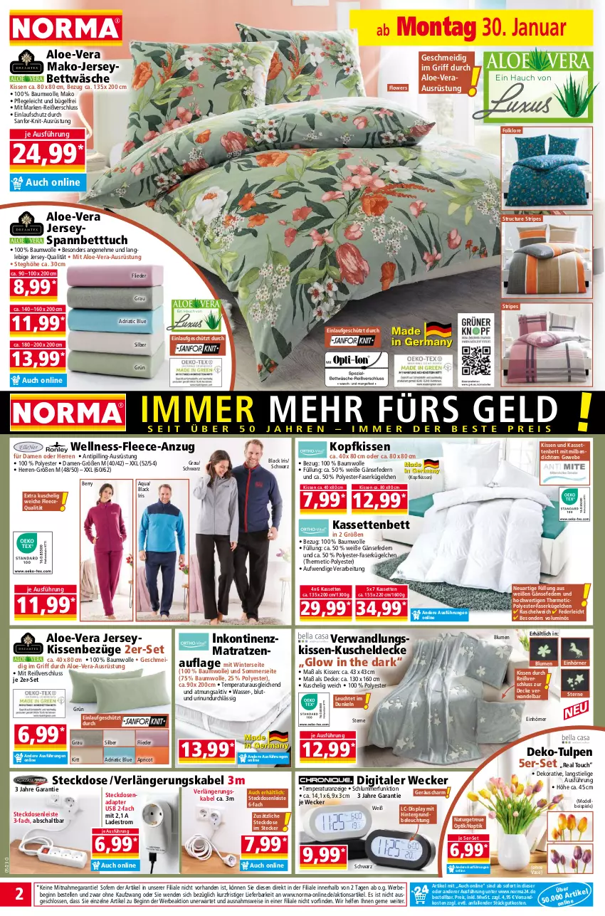 Aktueller Prospekt Norma - Norma - von 30.01 bis 06.02.2023 - strona 2 - produkty: adapter, Anzug, aqua, Bau, baumwolle, Bebe, beleuchtung, bett, Betttuch, bettwäsche, blume, blumen, bügel, decke, dell, eis, elle, flieder, Flowers, gin, kissen, kopfkissen, kuscheldecke, Kuschelweich, lack, Leuchte, matratze, matratzen, matratzenauflage, Mode, natur, ndk, reis, Ria, Schal, spannbetttuch, Spiele, steckdose, Steckdosenadapter, Steckdosenleiste, Ti, Tipi, tuc, usb, Vase, wasser, weck, wolle