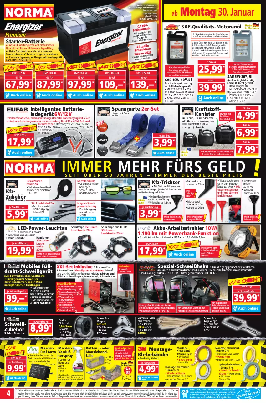 Aktueller Prospekt Norma - Norma - von 30.01 bis 06.02.2023 - strona 4 - produkty: akku, auer, auto, Bank, batterie, batterien, Beba, Bebe, bio, Brille, bürste, Calcium, deka, Diesel, Draht, eis, Elektro, elle, energizer, ente, fenster, flasche, gin, HP, Intel, Intelligentes Batterieladegerät, kraft, lack, Lacke, ladegerät, ladekabel, Lampe, latte, leds, Leuchte, leuchten, LG, longlife, Mantel, Maus, messer, motorenöl, ndk, orange, powerbank, Rauch, reis, ring, rwe, sac, schlauch, Schutzbrille, Schutzschild, smartphone, Spezi, spiegel, teller, Ti, tisch, usb