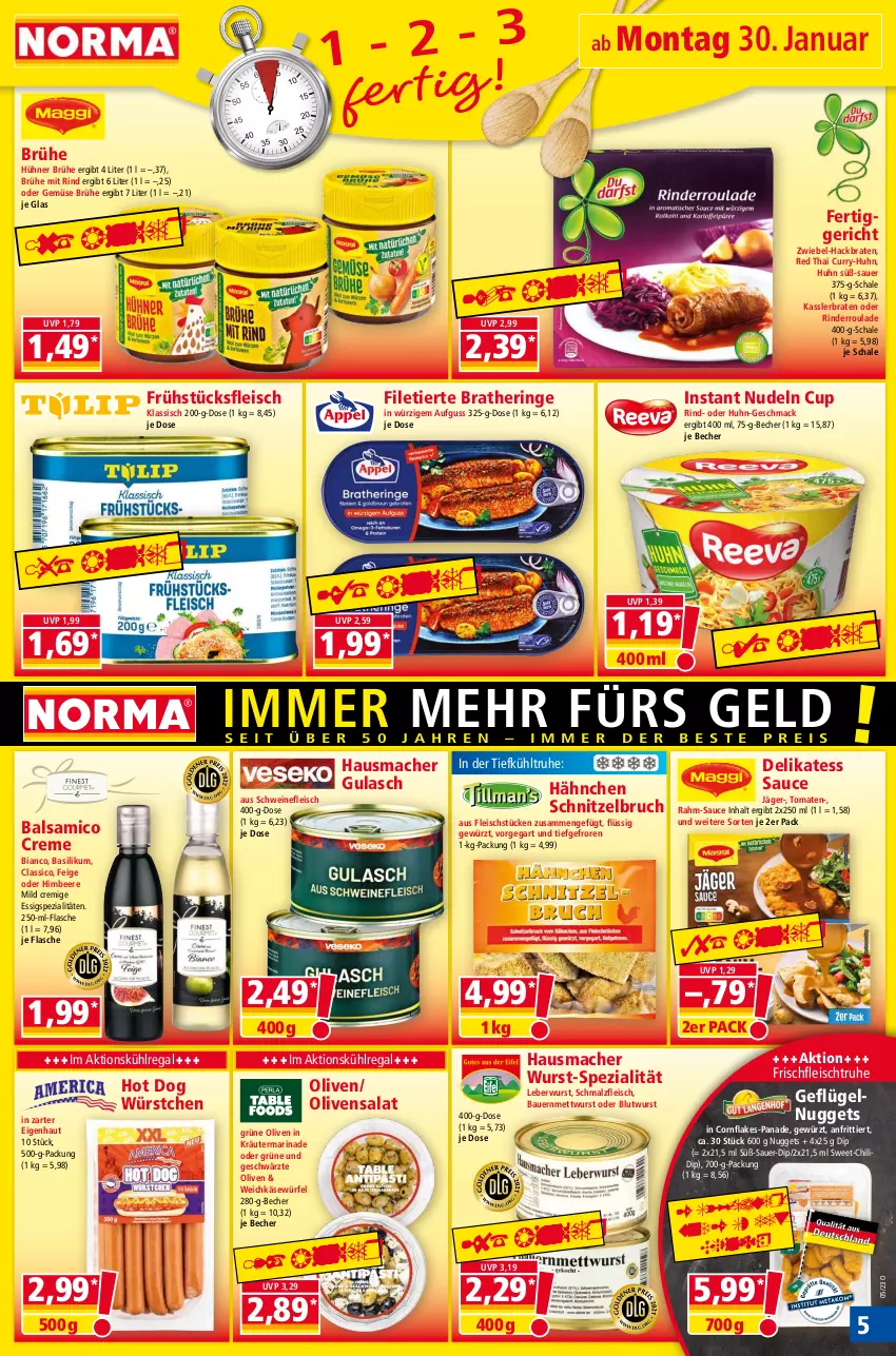 Aktueller Prospekt Norma - Norma - von 30.01 bis 06.02.2023 - strona 5 - produkty: auer, balsam, balsamico, basilikum, Bau, Bauer, Becher, beere, braten, Bratheringe, Brühe, chili, classico, creme, curry, delikatess sauce, dip, eis, essig, fertiggericht, filet, Filetierte Bratheringe, flakes, flasche, fleisch, frühstücksfleisch, Geflügel, gewürz, grüne oliven, gulasch, Hausmacher, hering, himbeer, himbeere, hot dog, hühner, Käse, kräuter, kühlregal, leberwurst, mac, malz, marinade, Mett, mettwurst, nudel, nudeln, nuggets, olive, oliven, regal, rind, rinder, Rinderroulade, ring, salat, sauce, Schal, Schale, Schmalz, schnitzel, schwein, schweine, schweinefleisch, Spezi, Ti, tomate, tomaten, weichkäse, wein, weine, würfel, wurst, würstchen, ZTE, zwiebel