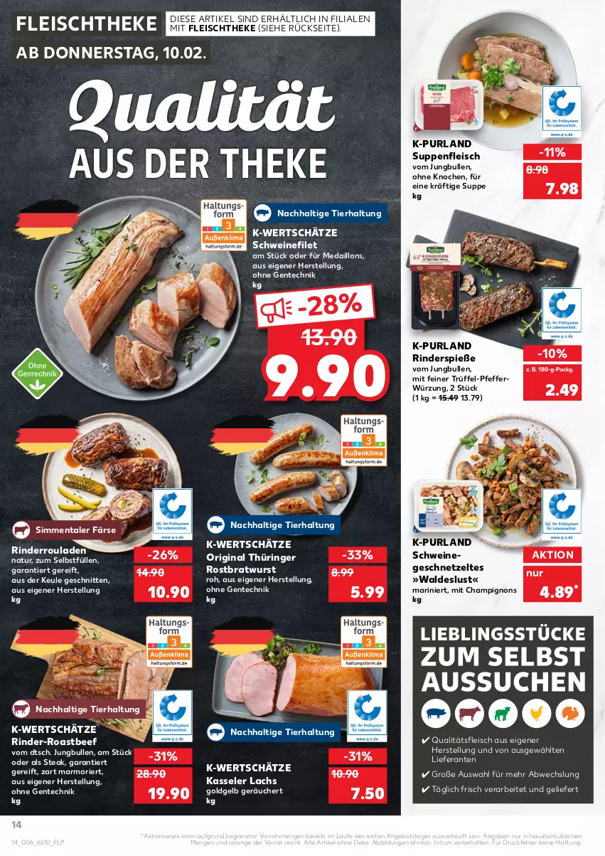 Aktueller Prospekt Kaufland - von 10.02 bis 16.02.2022 - strona 14 - produkty: angebot, beef, bratwurst, champignon, champignons, eis, ente, filet, fleisch, geschnetzeltes, gin, jungbullen, kasseler, lachs, medaillons, natur, original thüringer, pfeffer, purland, rind, rinder, Rinderroulade, rinderrouladen, ring, roastbeef, rostbratwurst, rouladen, schnitten, schwein, schweine, schweinefilet, sim, steak, suppe, suppen, suppenfleisch, thüringer rostbratwurst, Ti, Trüffel, wein, weine, wurst, Zelt, ZTE