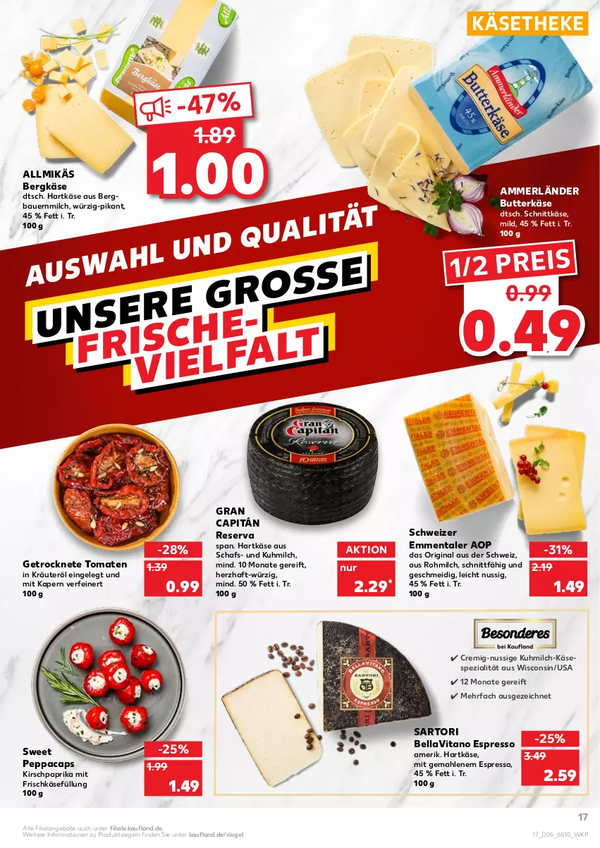 Aktueller Prospekt Kaufland - von 10.02 bis 16.02.2022 - strona 17 - produkty: Allmikäs, ammerländer, angebot, angebote, auer, Bau, Bauer, Bergkäse, butter, butterkäse, Cap, eis, emmentaler, espresso, frischkäse, Getrocknete Tomaten, gin, hartkäse, HP, Käse, käsetheke, kirsch, kräuter, merl, milch, nuss, paprika, reis, schnittkäse, Spezi, Ti, tomate, tomaten, vita