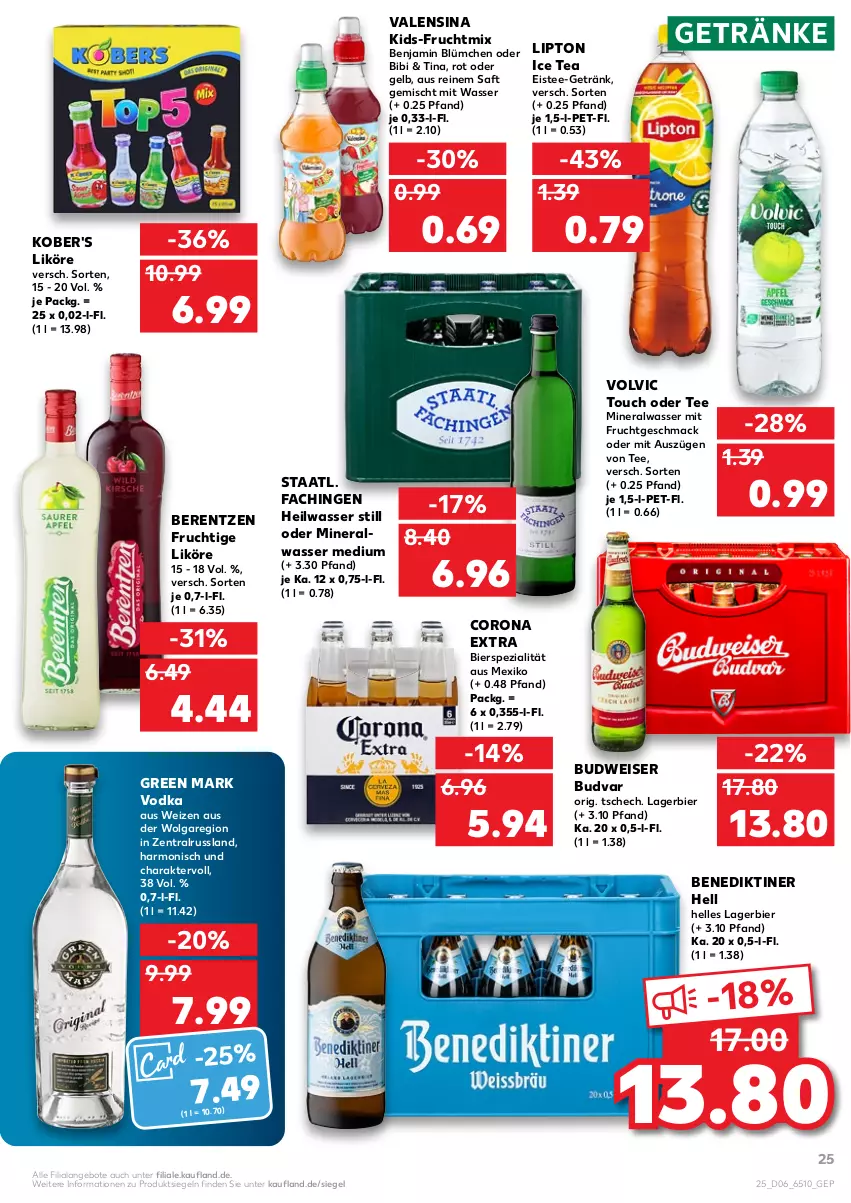 Aktueller Prospekt Kaufland - von 10.02 bis 16.02.2022 - strona 25 - produkty: Alwa, angebot, angebote, Benediktiner, berentzen, bier, budweiser, corona, corona extra, eis, eistee, elle, frucht, getränk, getränke, ice tea, Lagerbier, LG, likör, lipton, lipton ice tea, mac, mineralwasser, Mineralwasser Medium, mit frucht, saft, Spezi, Staatl. Fachingen, tee, Ti, valensina, vodka, volvic, wasser