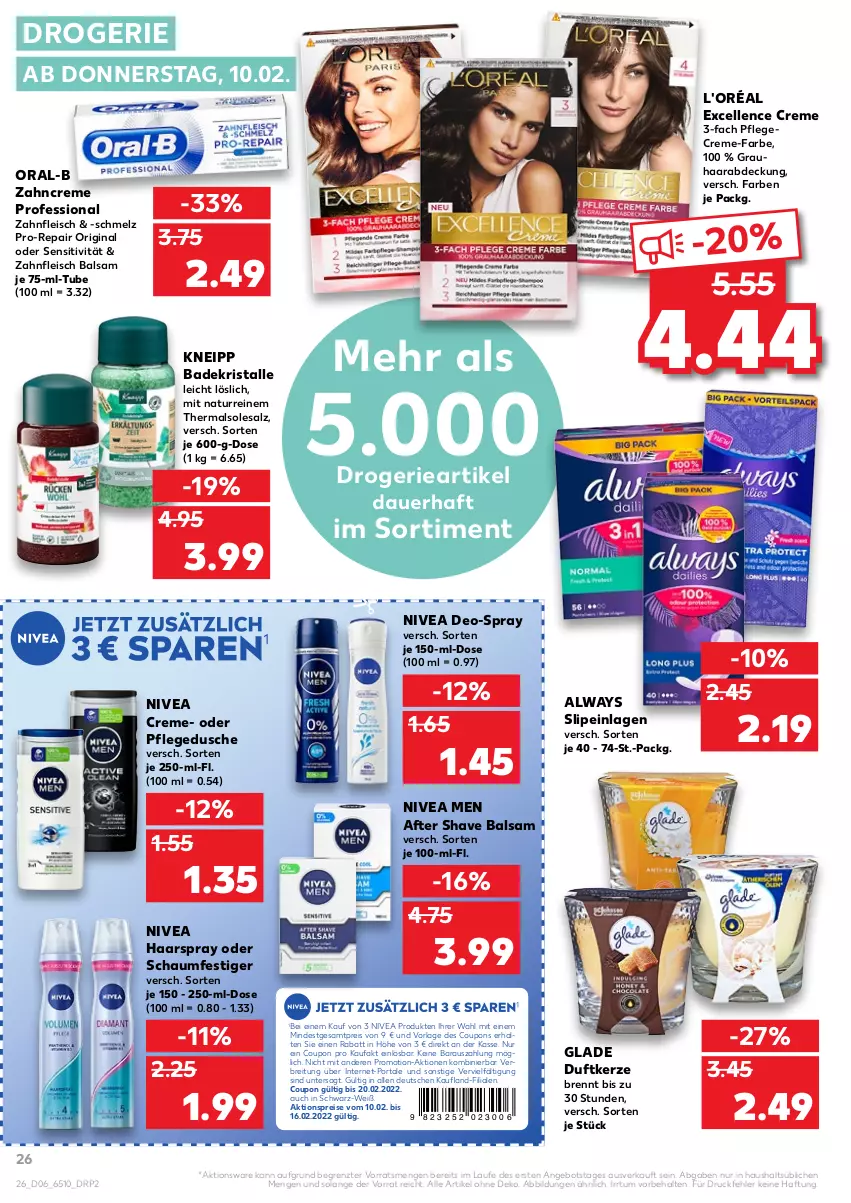 Aktueller Prospekt Kaufland - von 10.02 bis 16.02.2022 - strona 26 - produkty: after shave, aktionspreis, Alwa, Always, angebot, auer, Bad, Badekristalle, balsam, Brei, coupon, coupons, creme, deo, Duftkerze, dusche, eis, elle, fleisch, gin, Glade, haarspray, kerze, kneipp, natur, nivea, Nivea Men, oder schaumfestiger, oral-b, Pflegecreme, pflegedusche, pro-repair, reis, salz, schaumfestiger, slip, slipeinlagen, Ti, zahncreme, ZTE