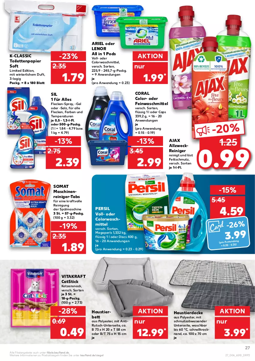 Aktueller Prospekt Kaufland - von 10.02 bis 16.02.2022 - strona 27 - produkty: ajax, allzweckreiniger, angebot, angebote, ariel, aust, bett, Cap, colorwaschmittel, Coral, decke, eis, erde, feinwaschmittel, katzensnack, kraft, lenor, maschinenreiniger, megaperls, papier, persil, Pods, reiniger, Reinigung, salz, snack, somat, Stier, Ti, toilettenpapier, vita, vitakraft, waschmittel, weck