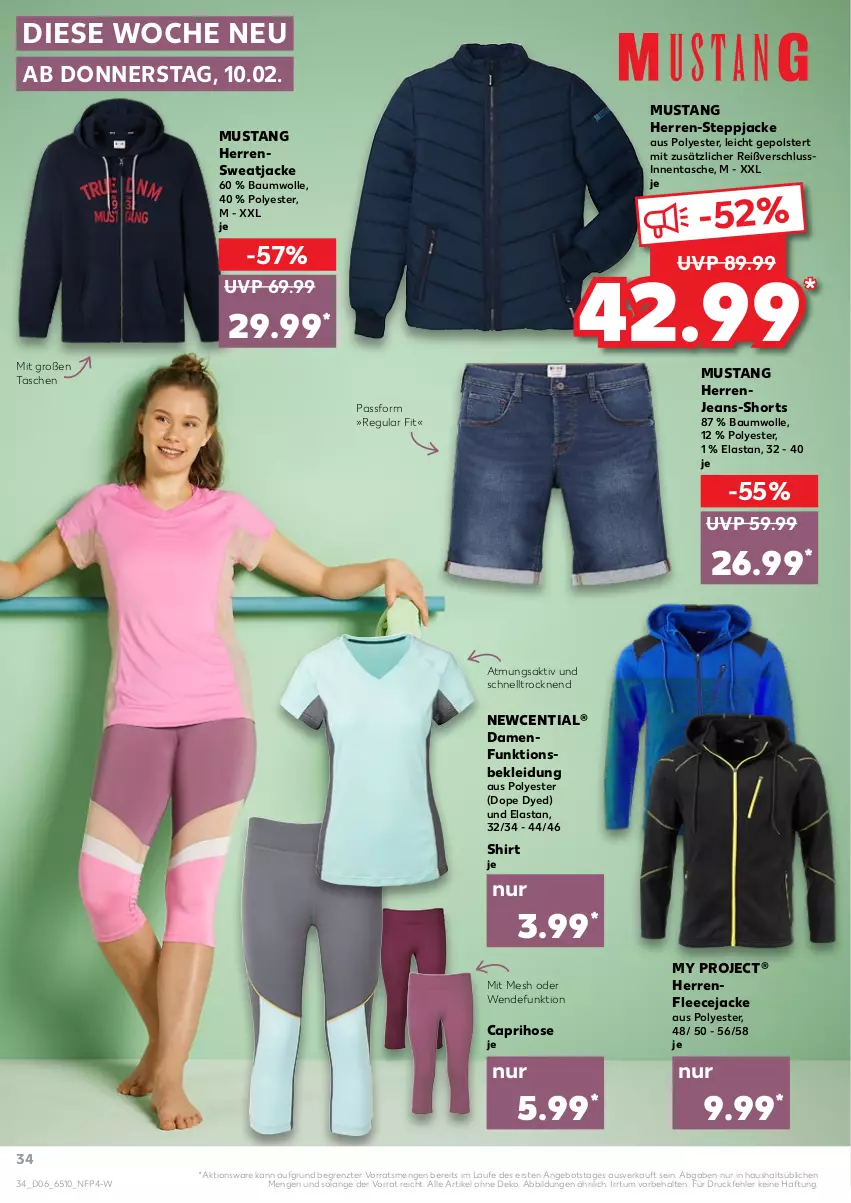 Aktueller Prospekt Kaufland - von 10.02 bis 16.02.2022 - strona 34 - produkty: angebot, Bau, baumwolle, Cap, caprihose, Fleecejacke, hose, Jacke, jeans, kleid, Kleidung, mustang, shirt, shorts, Steppjacke, sweatjacke, Tasche, taschen, Ti, wolle, ZTE