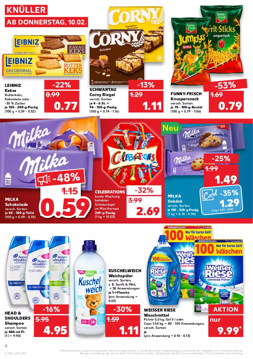 Aktueller Prospekt Kaufland - von 10.02 bis 16.02.2022 - strona 4 - produkty: angebot, beutel, butter, butterkeks, Cap, corny, eis, flasche, funny-frisch, kakao, keks, kekse, Kuschelweich, leibniz, milka, milka schokolade, riegel, schoko, schokolade, schokoriegel, Schwartau, shampoo, snack, Ti, waschmittel, weichspüler, Weisser Riese, ZTE, zucker