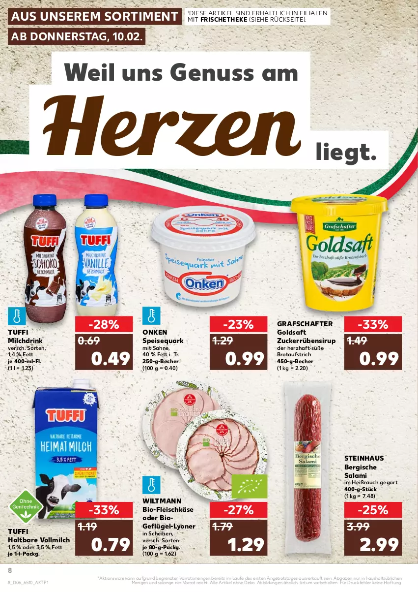 Aktueller Prospekt Kaufland - von 10.02 bis 16.02.2022 - strona 8 - produkty: angebot, aufstrich, Becher, bio, brot, brotaufstrich, drink, eis, fleisch, fleischkäse, Geflügel, goldsaft, grafschafter, Käse, lyoner, milch, nuss, quark, Rauch, saft, sahne, salami, sirup, speisequark, steinhaus, Ti, vollmilch, wiltmann, Yo, ZTE, zucker