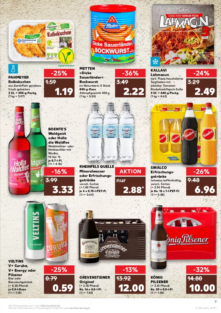 Aktueller Prospekt Kaufland - von 10.02 bis 16.02.2022 - strona 9 - produkty: Alwa, angebot, angebote, auer, bier, bockwurst, eis, elle, ente, erfrischungsgetränk, erfrischungsgetränke, fleisch, geback, getränk, getränke, gin, grevensteiner, hackfleisch, himbeer, kartoffel, kartoffeln, könig pilsener, kuchen, likör, mac, Meister, Mett, metten, mineralwasser, natur, pils, pilsener, pizza, rheinfels quelle, rind, rinder, rinderhackfleisch, sinalco, Soße, steiner, Ti, tomate, tomaten, veltins, waldmeister, wasser, wodka, wurst