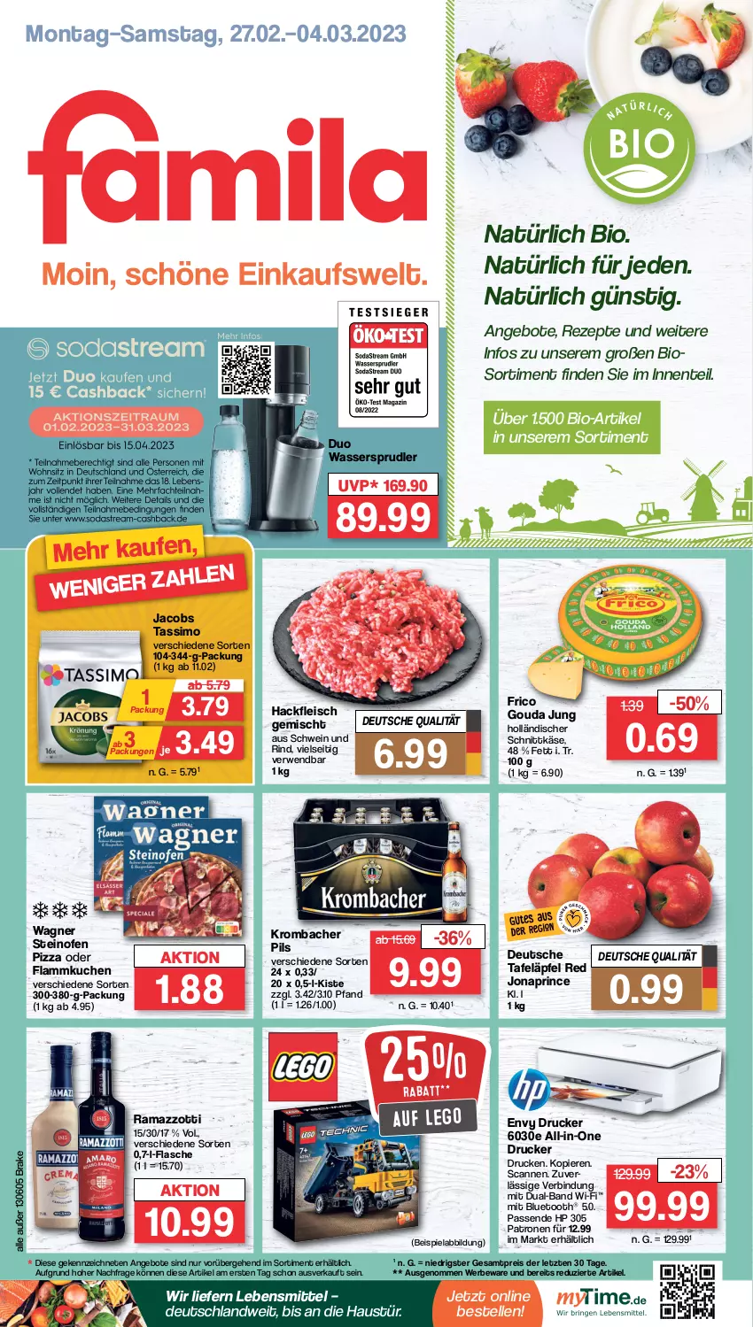 Aktueller Prospekt Famila - Prospekte - von 27.02 bis 04.03.2023 - strona 1 - produkty: angebot, angebote, aust, beispielabbildung, bio, drucker, eis, elle, ente, flammkuchen, flasche, fleisch, frico, gouda, gouda jung, hackfleisch, hackfleisch gemischt, holländischer schnittkäse, HP, jacobs, jacobs tassimo, Käse, krombache, krombacher, krombacher pils, kuchen, lamm, lebensmittel, Ofen, pils, pizza, rama, ramazzott, ramazzotti, reis, rezept, rezepte, rind, rwe, schnittkäse, schwein, schwein und rind, sim, steinofen, steinofen pizza, tafeläpfel, tassimo, Ti, wagner, wasser, wassersprudler, wein, zott, ZTE