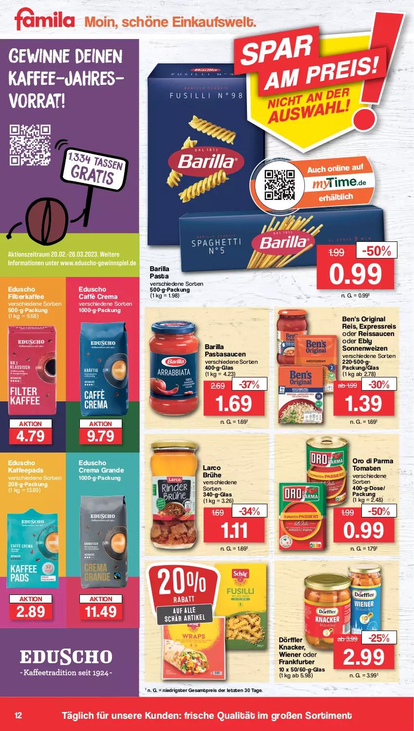 Aktueller Prospekt Famila - Prospekte - von 27.02 bis 04.03.2023 - strona 12 - produkty: barilla, Brühe, caffè crema, eduscho, eis, filterkaffee, frankfurter, gin, kaffee, kaffeepads, knacker, oro di parma, pasta, reis, reiss, sauce, saucen, Ti, tomate, tomaten, wiener, ZTE