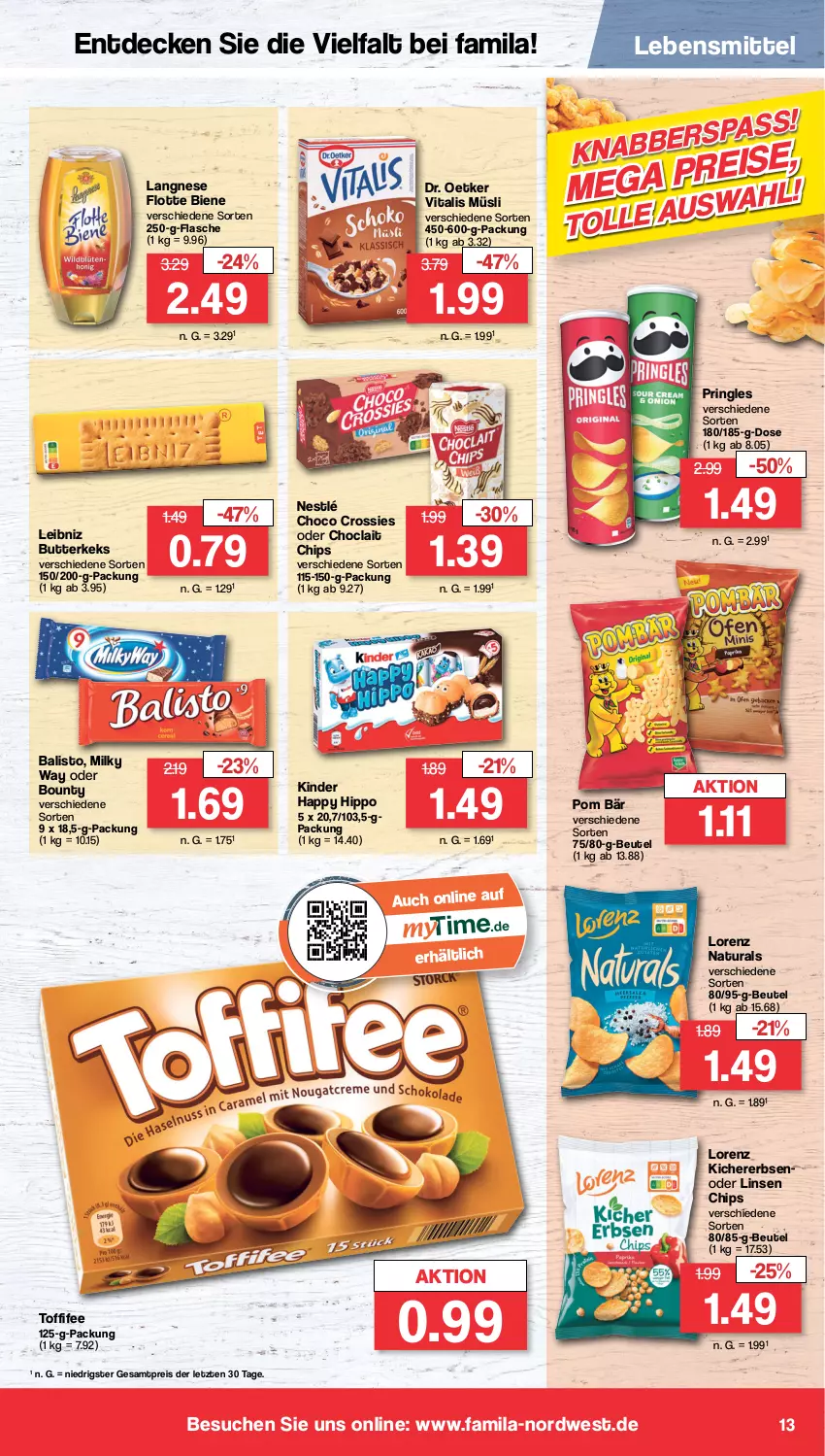 Aktueller Prospekt Famila - Prospekte - von 27.02 bis 04.03.2023 - strona 13 - produkty: balisto, beutel, bounty, butter, butterkeks, chips, choclait chips, choco crossies, crossies, decke, Dr. Oetker, eis, erbsen, flasche, hipp, keks, kichererbsen, Kinder, langnese, lebensmittel, leibniz, linsen, lorenz, milky way, müsli, natur, natura, nestlé, pringles, reis, ring, Ti, toffifee, vita, vitalis, vitalis müsli, ZTE