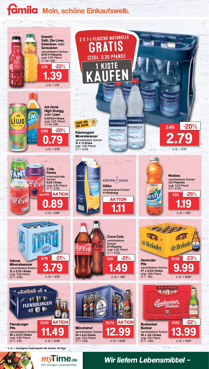 Aktueller Prospekt Famila - Prospekte - von 27.02 bis 04.03.2023 - strona 14 - produkty: Alwa, budweiser, burger, coca-cola, cola, drink, eis, elle, fanta, flasche, flensburger, granini, küstengold, lebensmittel, limo, mineralwasser, mönchshof, natur, Nestea, pils, reis, rel, saft, säfte, Ti, wasser, ZTE