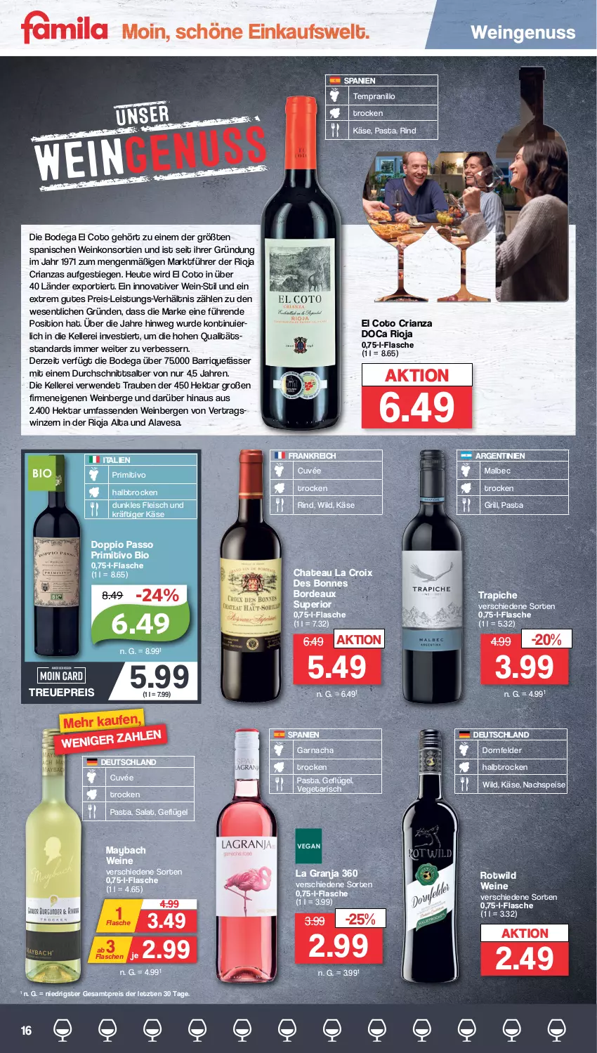 Aktueller Prospekt Famila - Prospekte - von 27.02 bis 04.03.2023 - strona 16 - produkty: bio, chateau, cuvée, doppio passo, dornfelder, eis, elle, flasche, fleisch, Geflügel, grill, gsw, Heu, Käse, maybach, nuss, passo, pasta, primitivo, reis, Ria, rind, rioja, rwe, salat, Stier, tempranillo, Ti, trauben, Vegeta, wein, weine, Wild, ZTE