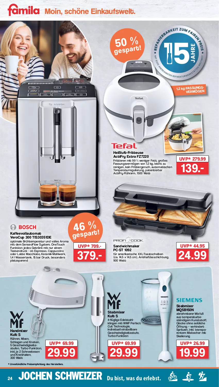 Aktueller Prospekt Famila - Prospekte - von 27.02 bis 04.03.2023 - strona 24 - produkty: ACC, auto, Becher, Cap, cappuccino, chia, cin, edelstahl, eis, elle, ente, espresso, fritteuse, getränk, handmixer, kaffee, kaffeevollautomat, latte, latte macchiato, mac, macchiato, Mixer, reis, sandwich, Schneebesen, senseo, stabmixer, teller, Ti, Tiere, tisch, toast, wasser, wassertank, WMF