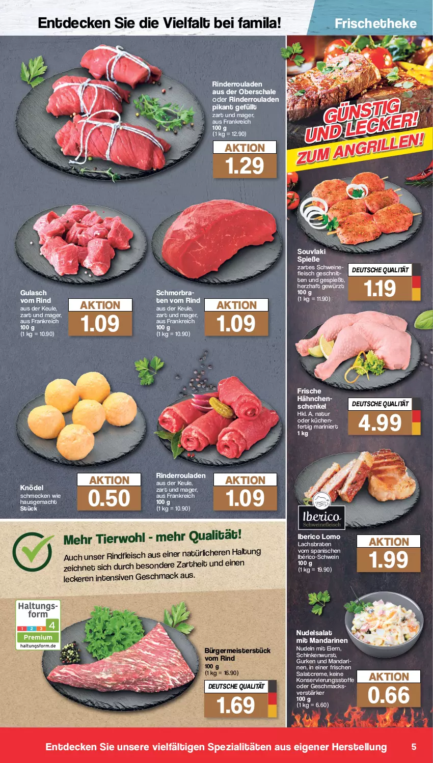 Aktueller Prospekt Famila - Prospekte - von 27.02 bis 04.03.2023 - strona 5 - produkty: braten, creme, decke, eier, eis, fleisch, Frische Hähnchen, Germ, gewürz, gulasch, gurke, gurken, hähnchenschenkel, henkel, Knödel, küche, Küchen, lachs, Lachsbraten, mac, mandarine, mandarinen, Meister, natur, nudel, nudeln, nudelsalat, rind, rinder, Rinderroulade, rinderrouladen, rindfleisch, rouladen, salat, salatcreme, Schal, Schale, schenkel, schinken, schinkenwurst, schmorbraten, schwein, schweine, Spezi, Ti, wein, weine, wurst