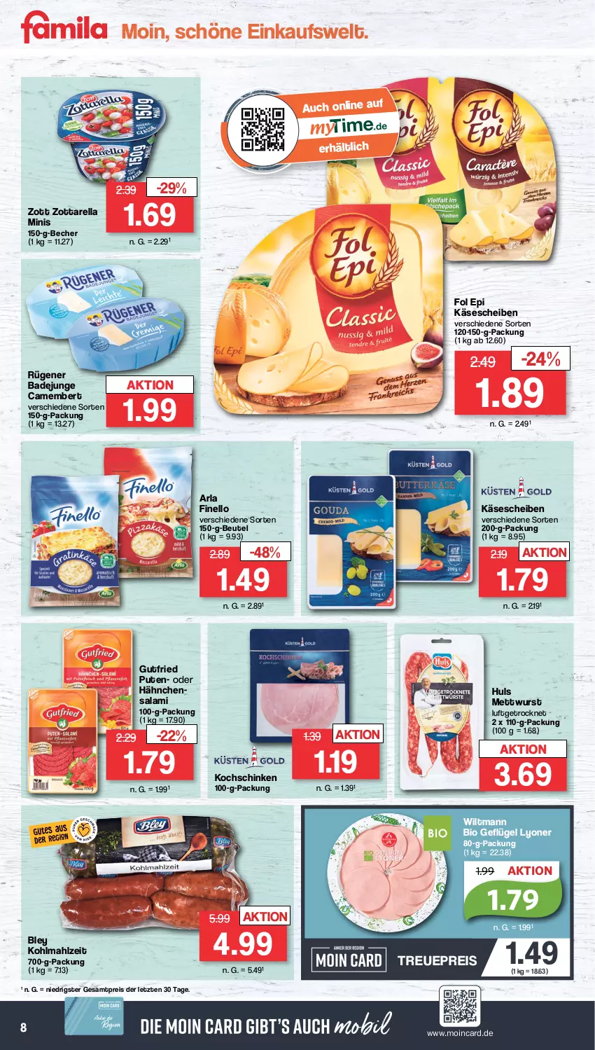 Aktueller Prospekt Famila - Prospekte - von 27.02 bis 04.03.2023 - strona 8 - produkty: arla, Bad, Becher, beutel, bio, bley, camembert, eis, finello, fol epi, Geflügel, gutfried, Käse, käsescheiben, kochschinken, lyoner, Mett, mettwurst, pute, reis, rel, Rügener, rügener badejunge, salami, schinken, Ti, wiltmann, wurst, Yo, zott, zottarella, zottarella minis, ZTE