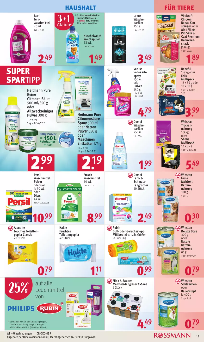 Aktueller Prospekt Rossmann - Prospekte - von 09.10 bis 13.10.2023 - strona 11 - produkty: allzweckreiniger, alouette, angebot, angebote, auer, aust, Bau, Bauer, beutel, Bona, burti, Domol, entkalker, Fangtücher, feinwaschmittel, felix, feuchtes toilettenpapier, Frosch, Gläser, hakle, heitmann, katzennahrung, kraft, Kuschelweich, lenor, leuchtmittel, marmelade, müllbeutel, natur, papier, persil, persil waschmittel, reiniger, Rubin, rum, sheba, snack, spartipp, Spektrum, Ti, Tiere, toilettenpapier, topf, Trockennahrung, tücher, vanish, vita, vitakraft, wäscheparfüm, waschmittel, weck, wedel, weichspüler, whiskas