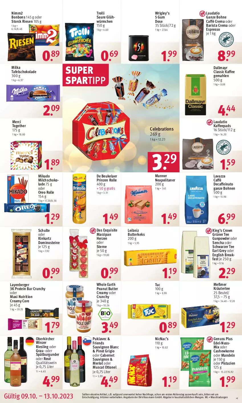 Aktueller Prospekt Rossmann - Prospekte - von 09.10 bis 13.10.2023 - strona 12 - produkty: angebot, angebote, Berger, beutel, bohne, bohnen, bonbons, burgunder, butter, butterkeks, cabernet, cabernet sauvignon, caffe, caffè crema, Cashew, cashewkerne, dallmayr, de beukelaer, Dominosteine, espresso, grüner tee, kaffee, kaffeepads, keks, kräuter, lavazza, leibniz, mandel, mandeln, Manner, marzipan, merci, merl, merlot, Meßmer, mikado, milch, milka, muscat, nimm2, nuss, Nussmix, oder espresso, oreo, peanut butter, Pinot, pinot grigio, pistazien, prinzen rolle, qualitätswein, riesling, sauvignon, sauvignon blanc, schoko, schokolade, schwarzer tee, spartipp, spätburgunder, storck, tafelschokolade, tee, Ti, trolli, tuc, wein