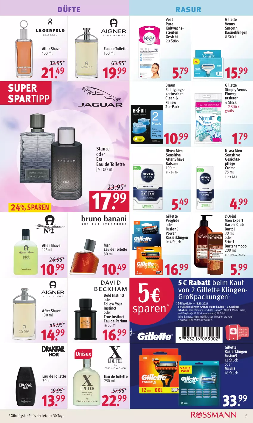 Aktueller Prospekt Rossmann - Prospekte - von 09.10 bis 13.10.2023 - strona 5 - produkty: after shave, balsam, braun, coupon, creme, Eau de parfum, eau de toilette, eau de toilette 100 ml, eau de toilette 30 ml, einwegrasierer, eis, fusion5, gesichtspflege, gillette, gillette venus, kaltwachsstreifen, mac, mach3, nivea, Nivea Men, parfum, rasierer, Rasierklinge, rasierklingen, reifen, Reinigung, reis, shampoo, sim, spartipp, Ti, veet, venus, Yo, ZTE