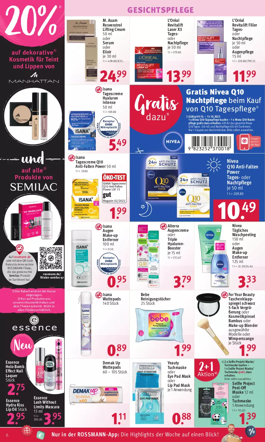 Aktueller Prospekt Rossmann - Prospekte - von 09.10 bis 13.10.2023 - strona 6 - produkty: alterra, Augenpflege, bambus, Bebe, Blender, coupon, creme, dell, Effect, elle, For Your Beauty, gesichtspflege, HP, hyaluron, isana, kosmetik, Make-up, Mascara, Maske, Mode, nachtpflege, nivea, Peeling, Pinsel, Q10, Reinigung, reinigungstücher, Revital, revitalift, rum, sana, Serum, spiegel, tagescreme, Tagespflege, Tasche, taschen, Ti, tuc, tücher, tuchmaske, vita, wattepads, Yo