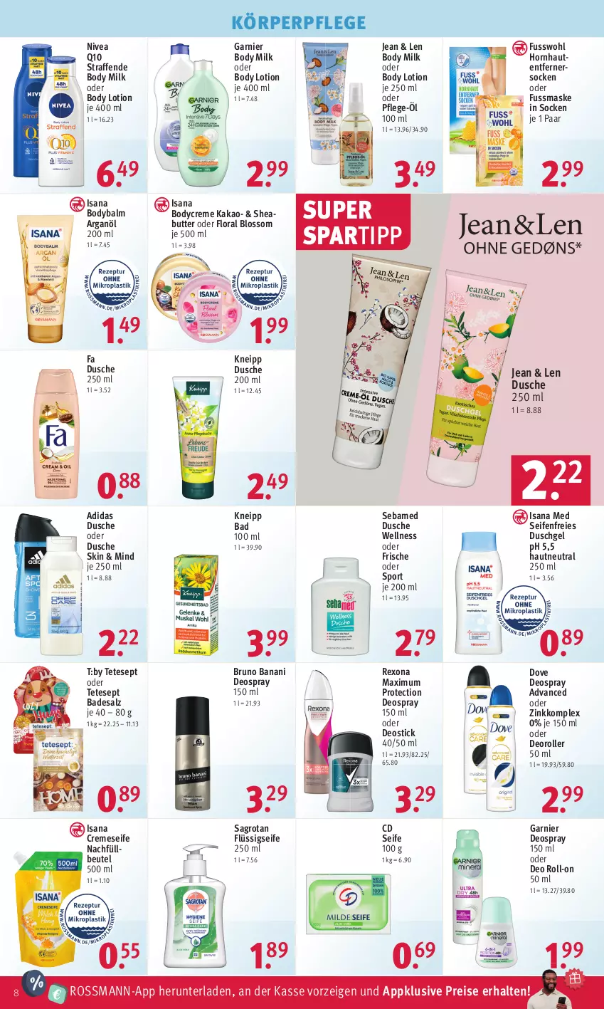 Aktueller Prospekt Rossmann - Prospekte - von 09.10 bis 13.10.2023 - strona 8 - produkty: Adidas, Bad, beutel, body, body lotion, body milk, bruno banani, butter, creme, cremeseife, deo, deo roll-on, Deoroller, deospray, deospray 150 ml, Deostick, dove, dusche, duschgel, eis, flüssigseife, Fusswohl, garnier, isana, kakao, kneipp, körperpflege, Lotion, Maske, nivea, oder deo roll-on, Oral B, Q10, reis, rexona, roll-on, Roller, sagrotan, salz, sana, sebamed, Seife, Sheabutter, socken, spartipp, Sport, Ti