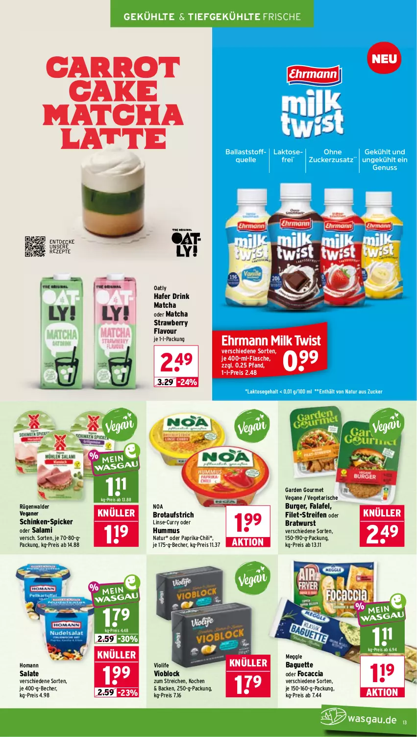 Aktueller Prospekt Wasgau - von 22.06 bis 27.06.2026 - strona 13 - produkty: ACC, aufstrich, baguette, Becher, bratwurst, brot, brotaufstrich, burger, chili, curry, decke, drink, eis, Falafel, filet, flasche, Focaccia, garden gourmet, hafer, homann, hummus, latte, meggle, natur, paprika, reifen, reis, rezept, rezepte, rügenwalder, salami, salat, salate, schinken, Ti, Vegeta, wurst