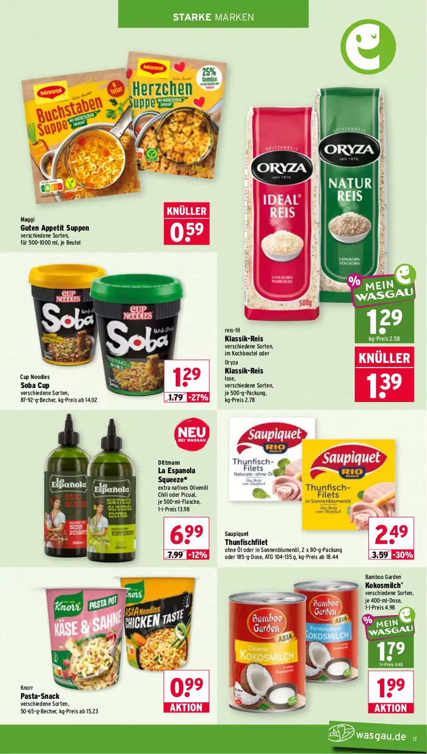 Aktueller Prospekt Wasgau - von 22.06 bis 27.06.2026 - strona 17 - produkty: bamboo, Becher, beutel, blume, blumen, blumenöl, chili, dittmann, eis, filet, fisch, flasche, je 500-ml-flasche, knorr, knorr pasta, kochbeutel, kokos, kokosmilch, maggi, milch, natives olivenöl, olive, oliven, olivenöl, oryza, pasta, reis, reis-fit, saupiquet, snack, sonnenblume, sonnenblumen, sonnenblumenöl, suppe, suppen, thunfisch, Ti