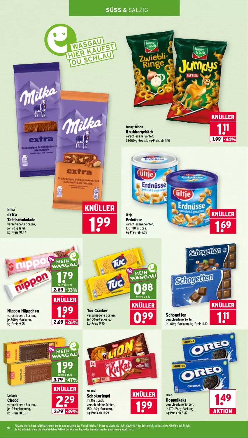 Aktueller Prospekt Wasgau - von 22.06 bis 27.06.2026 - strona 18 - produkty: angebot, auer, beutel, cracker, eis, erdnüsse, funny-frisch, keks, leibniz, milka, nestlé, nippon, oreo, reis, riegel, salz, schogetten, schoko, schokolade, schokoriegel, tafelschokolade, Ti, tuc, ültje, ültje erdnüsse