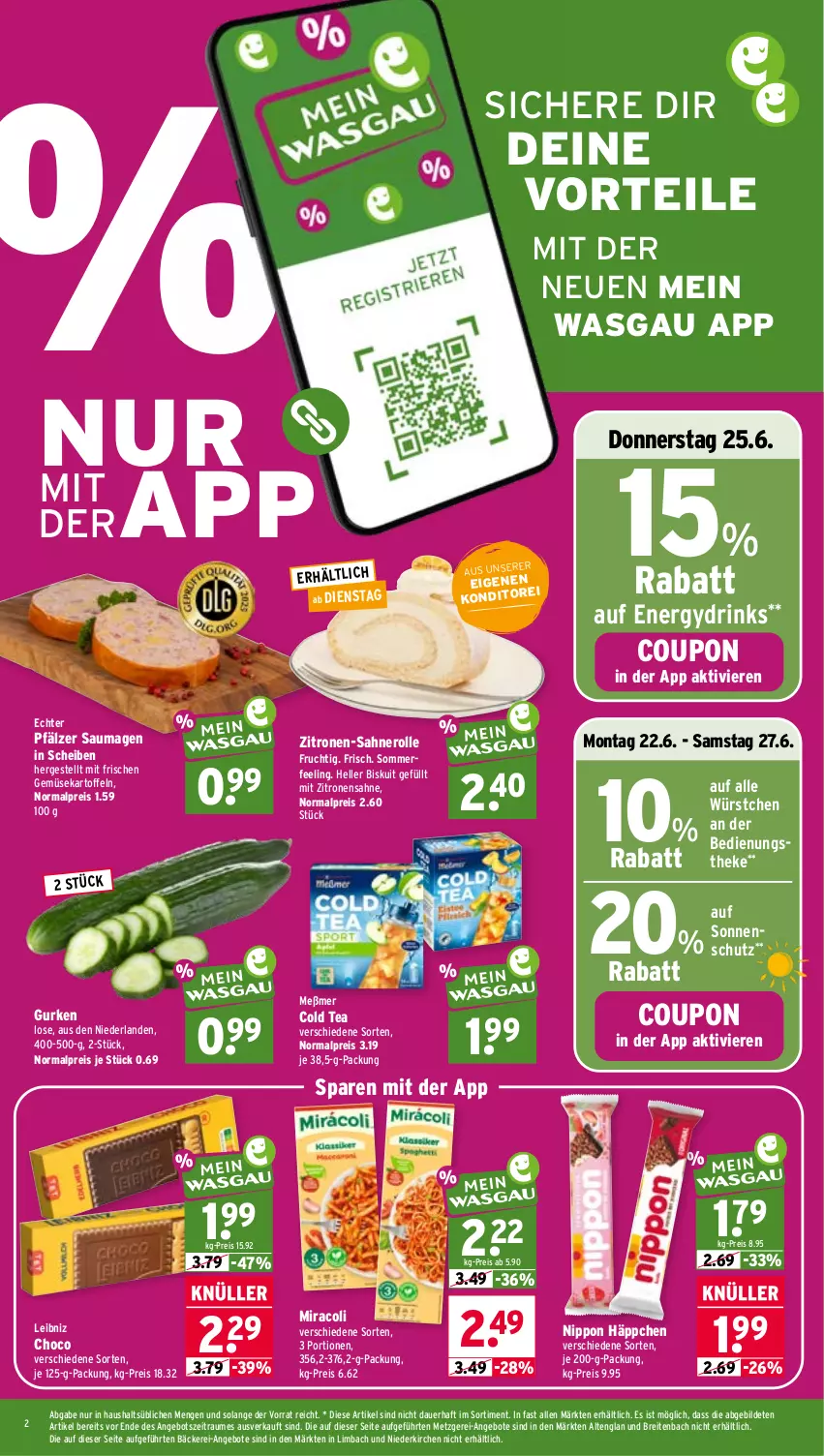 Aktueller Prospekt Wasgau - von 22.06 bis 27.06.2026 - strona 2 - produkty: angebot, angebote, auer, Brei, coupon, drink, drinks, eis, elle, frucht, gurke, gurken, kartoffel, kartoffeln, leibniz, Meßmer, miracoli, nero, nippon, reis, sahne, Sahnerolle, Saumagen, sonnenschutz, Ti, würstchen, zitrone, zitronen