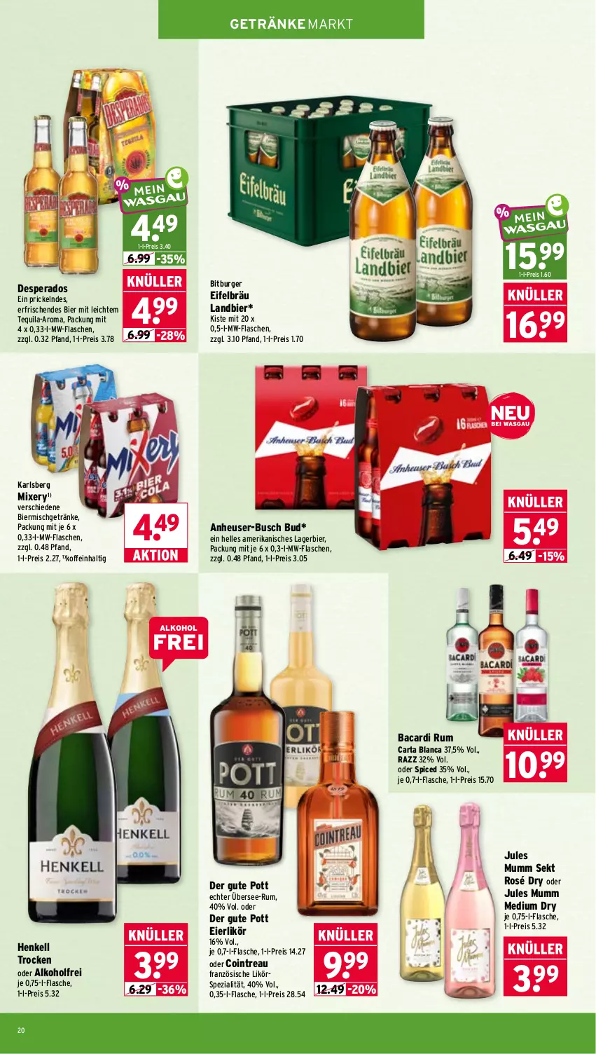 Aktueller Prospekt Wasgau - von 22.06 bis 27.06.2026 - strona 20 - produkty: alkohol, bacardi, bacardi rum, bier, bitburger, burger, desperados, eier, eierlikör, eis, elle, flasche, getränk, getränke, henkel, henkell, Henkell Trocken, Heu, jules mumm, karlsberg, karlsberg mixery, Lagerbier, likör, Mixer, mixery, mumm, mw-flasche, reis, rum, sekt, Spezi, tequila, Ti
