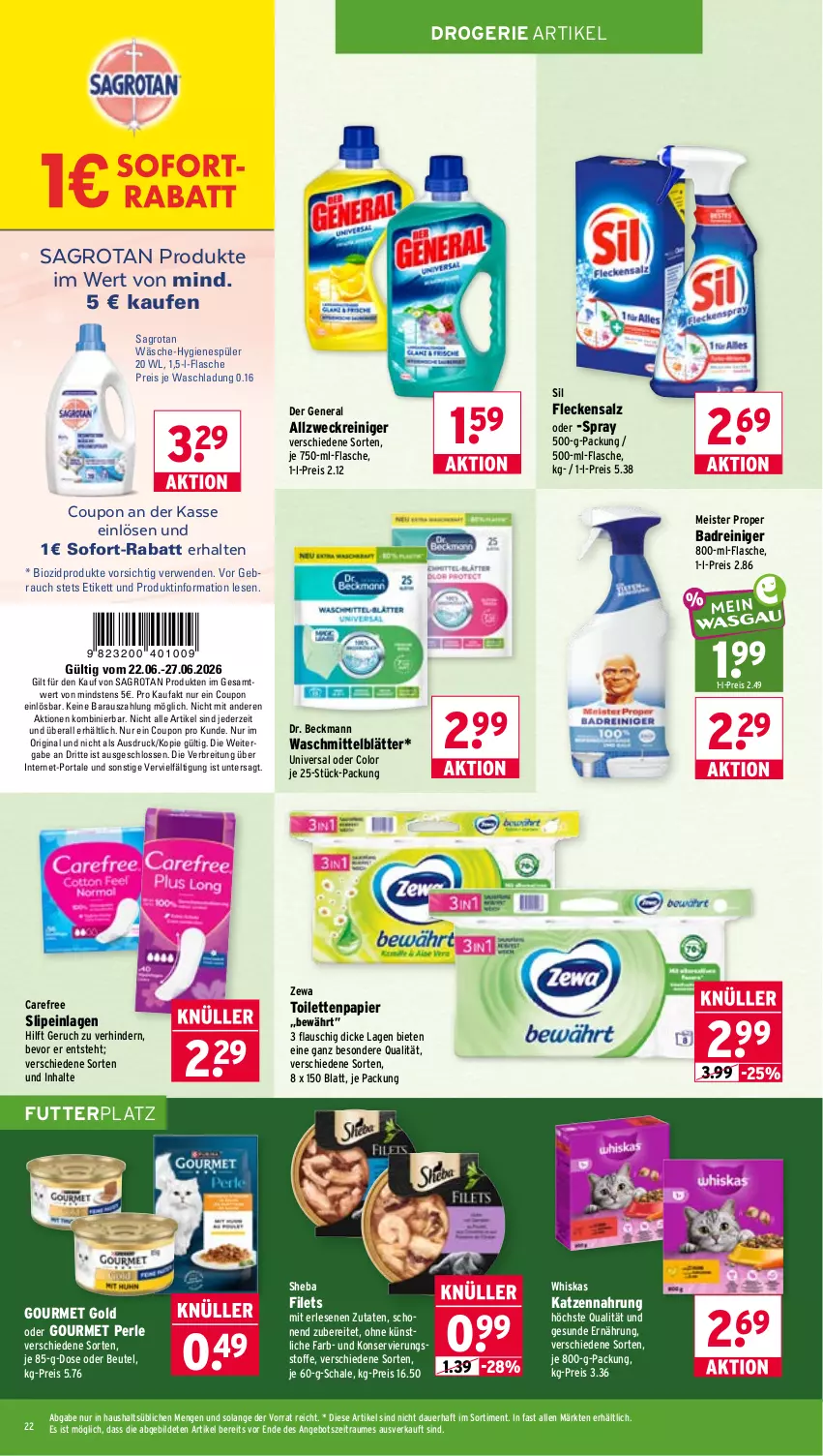 Aktueller Prospekt Wasgau - von 22.06 bis 27.06.2026 - strona 22 - produkty: allzweckreiniger, angebot, auer, Bad, beutel, bio, biozidprodukte, Brei, carefree, coupon, Dr. Beckmann, eis, filet, filets, flasche, gin, gourmet gold, hygienespüler, katzennahrung, Meister, meister proper, papier, Rauch, reiniger, reis, rwe, sagrotan, salz, Schal, Schale, sheba, slip, slipeinlagen, sofort-rabatt, Ti, toilettenpapier, waschmittel, weck, whiskas, zewa