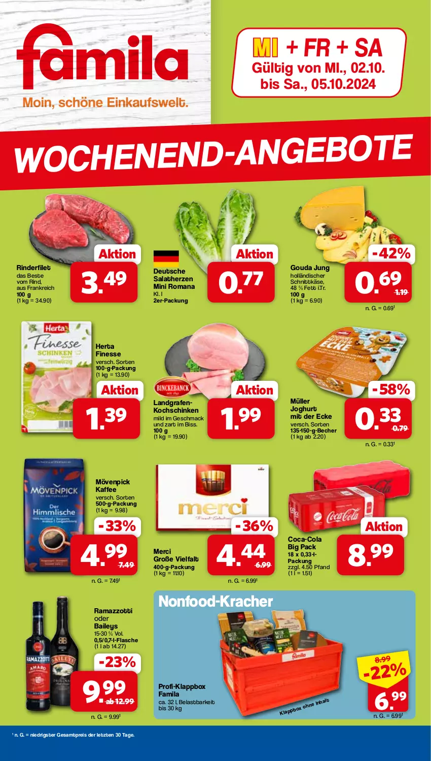 Aktueller Prospekt Famila - Prospekte - von 02.10 bis 05.10.2024 - strona 1 - produkty: baileys, Becher, coca-cola, cola, eis, filet, finesse, flasche, gouda, gouda jung, herta, herta finesse, holländischer schnittkäse, joghur, joghurt, joghurt mit der ecke, kaffee, Käse, Klappbox, kochschinken, kracher, mac, merci, mövenpick, mövenpick kaffee, Müller, rama, ramazzott, ramazzotti, reis, rind, rinder, rinderfilet, salat, salatherzen, schinken, schnittkäse, Ti, zott, ZTE