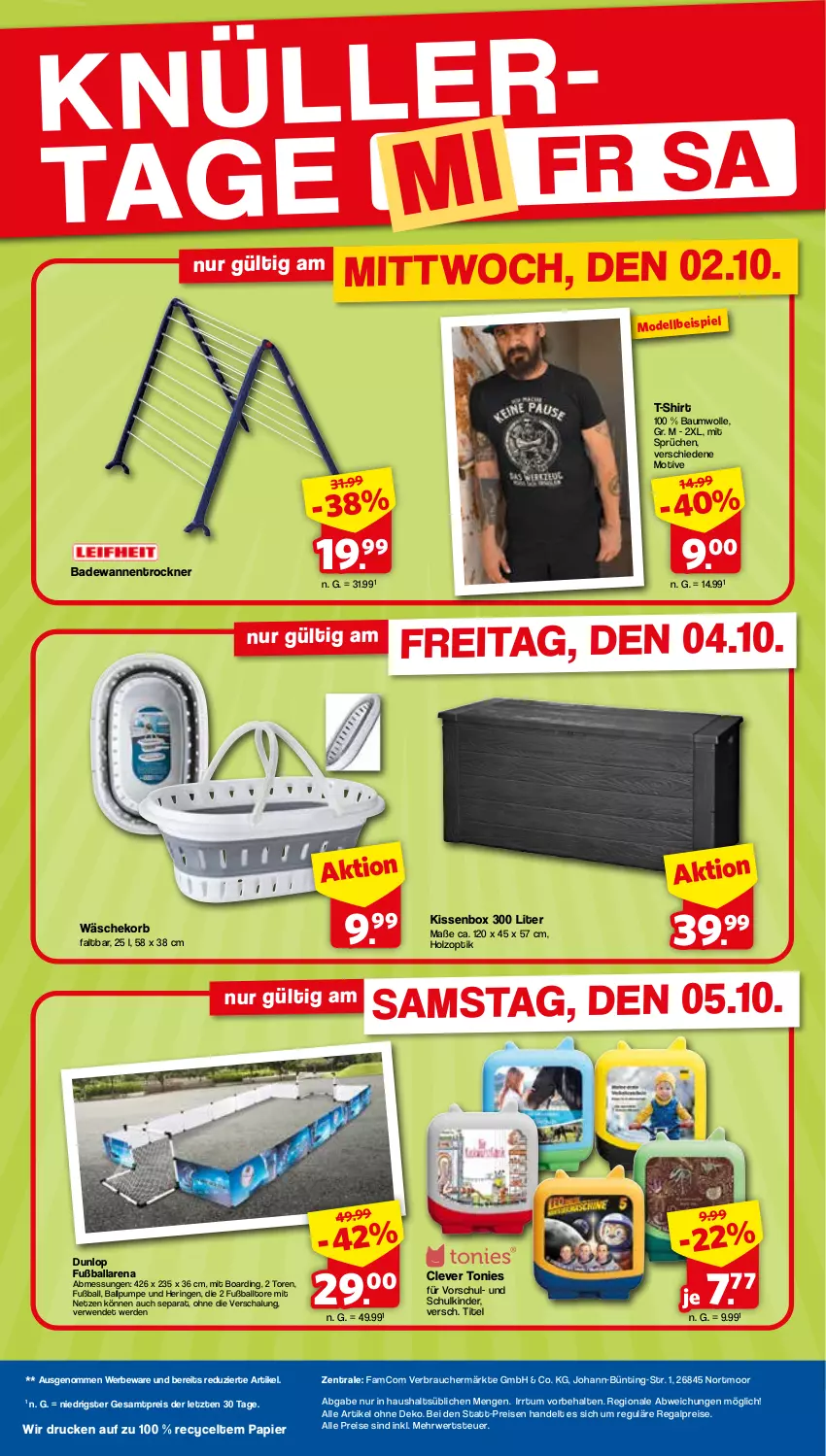 Aktueller Prospekt Famila - Prospekte - von 02.10 bis 05.10.2024 - strona 2 - produkty: Bad, Badewanne, ball, Bau, baumwolle, dell, dunlop, eis, erde, Fußball, Fußballtore, hering, Holz, Kinder, kissen, korb, Mode, papier, Rauch, regal, reis, ring, rwe, Schal, shirt, T-Shirt, Ti, Trockner, Wanne, wäschekorb, wolle, ZTE