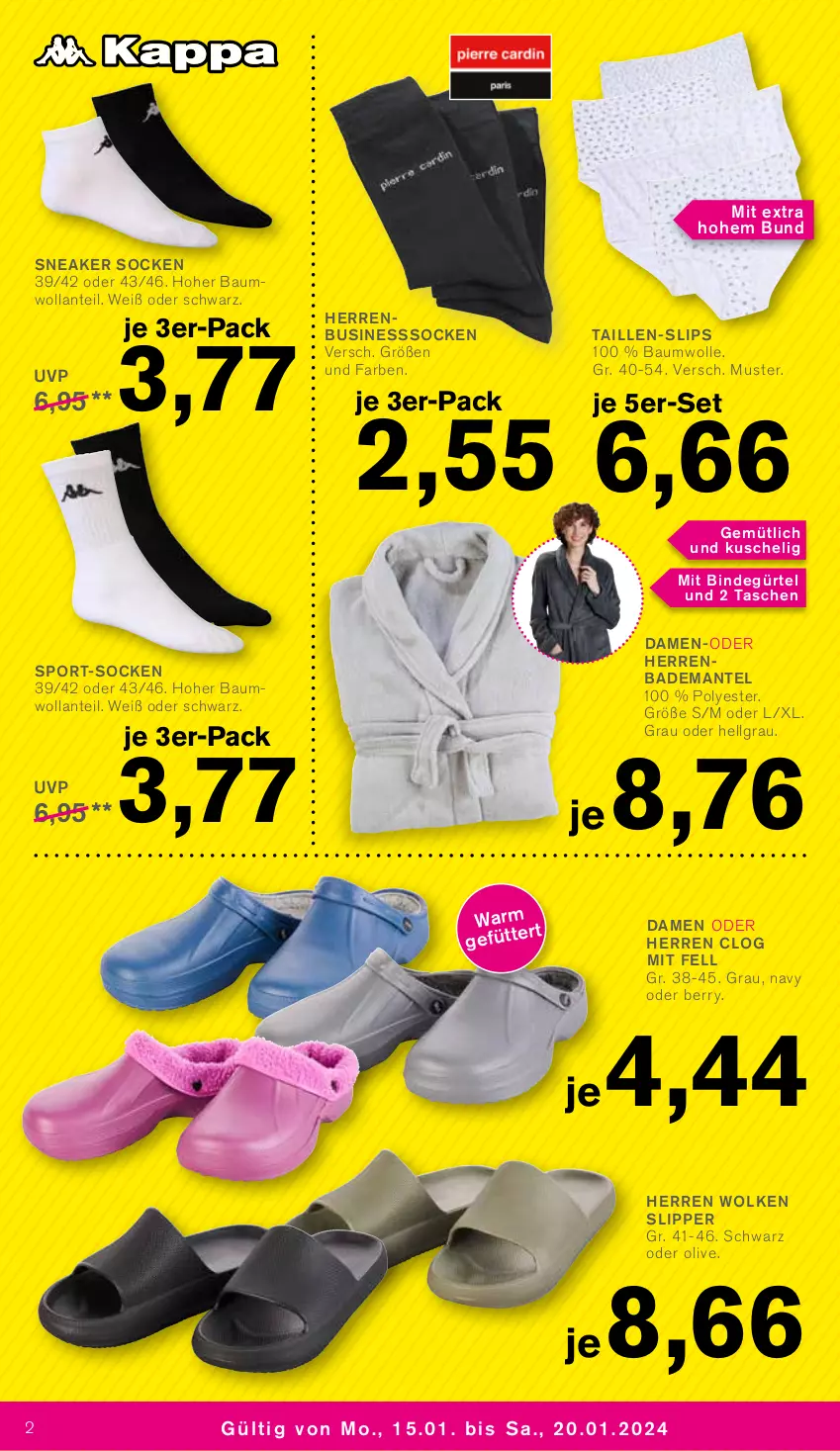 Aktueller Prospekt Kodi - Prospekte - von 15.01 bis 20.01.2024 - strona 2 - produkty: Bad, Bademantel, Bau, baumwolle, LG, Mantel, olive, slip, Slipper, slips, sneaker, sneaker socken, socken, Sport, Tasche, taschen, Ti, wolle