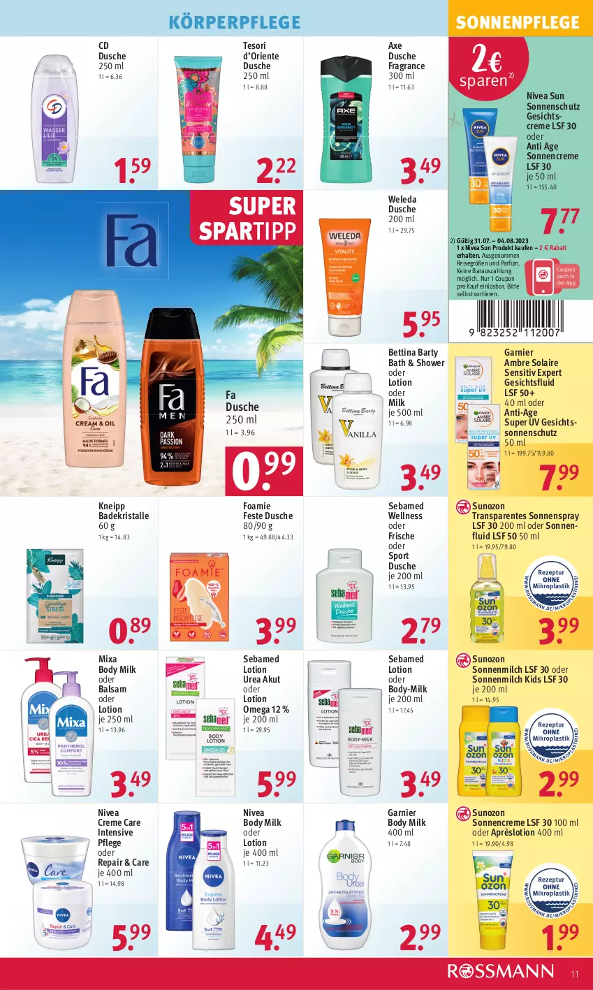 Aktueller Prospekt Rossmann - Prospekte - von 31.07 bis 04.08.2023 - strona 11 - produkty: Ambre Solaire, axe, Bad, Badekristalle, balsam, bett, body, body milk, coupon, creme, dusche, eis, ente, garnier, Gesichtscreme, kneipp, körperpflege, Lotion, milch, Mixa, nivea, nivea sun, omega, reis, sebamed, sonnencreme, sonnenmilch, sonnenschutz, sonnenspray, spartipp, Sport, Ti, Tiere, weleda