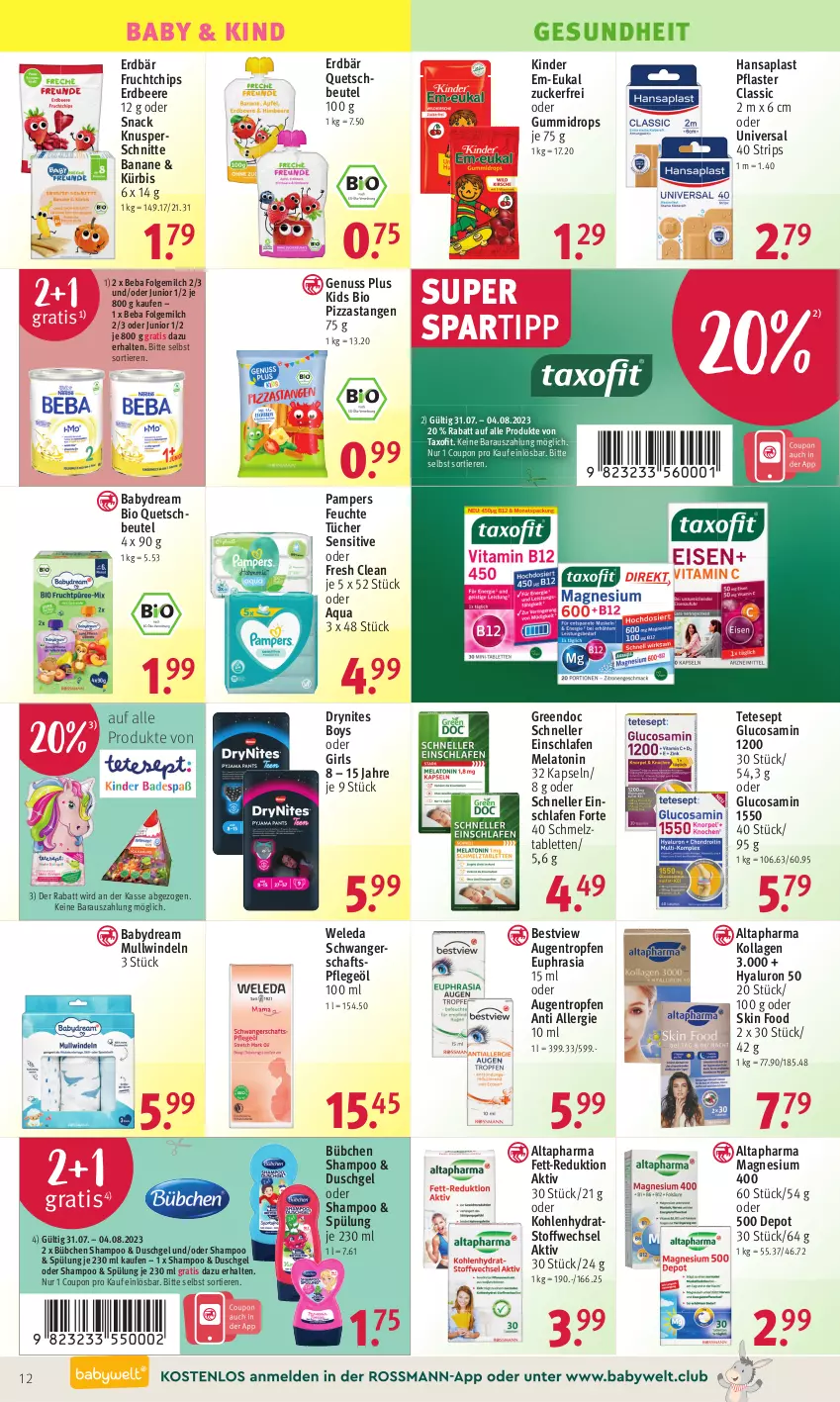 Aktueller Prospekt Rossmann - Prospekte - von 31.07 bis 04.08.2023 - strona 12 - produkty: Altapharma, aqua, babydream, banane, Beba, beere, beutel, bio, bübchen, chips, coupon, DryNites, duschgel, elle, Erdbär, erdbeere, feuchte tücher, folgemilch, frucht, Gesundheit, Glucosamin, hansaplast, hyaluron, Kinder, Kollagen, Kürbis, LG, magnesium, magnesium 400, milch, Mullwindel, nuss, pampers, pflaster, Pflegeöl, pizza, quetschbeutel, shampoo, snack, spartipp, spülung, tablet, tablett, Tablette, Taxofit, Ti, Tiere, tücher, weleda, windeln, zucker