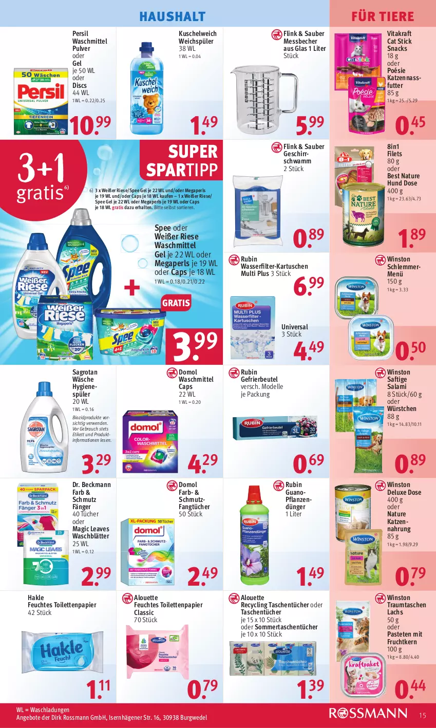 Aktueller Prospekt Rossmann - Prospekte - von 31.07 bis 04.08.2023 - strona 15 - produkty: alouette, angebot, angebote, Becher, beutel, bio, biozidprodukte, Cap, Clin, dell, Domol, Dr. Beckmann, dünger, elle, Fangtücher, feuchtes toilettenpapier, filet, filets, frucht, gefrierbeutel, geschirr, hakle, hygienespüler, katzennahrung, kraft, Kuschelweich, lachs, megaperls, Messbecher, mit frucht, Mode, nassfutter, natur, papier, pastete, persil, persil waschmittel, pflanze, pflanzen, Rauch, Rubin, rwe, saft, sagrotan, salami, schwamm, snack, snacks, spartipp, spee, Tasche, taschen, taschentücher, Ti, Tiere, toilettenpapier, tücher, vita, vitakraft, waschmittel, wasser, wasserfilter, wedel, weichspüler, würstchen