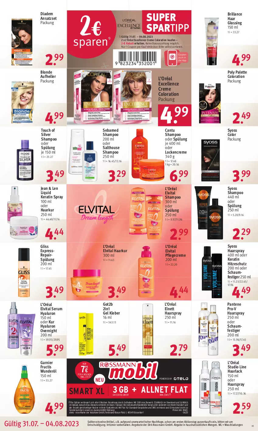 Aktueller Prospekt Rossmann - Prospekte - von 31.07 bis 04.08.2023 - strona 16 - produkty: allnet flat, angebot, angebote, arla, braun, Brei, brillance, coupon, creme, diadem, eis, elle, elnett, elvital, erde, fructis, garnier, gliss, got2b, Haarlack, haarspray, hyaluron, kleber, lack, oder schaumfestiger, Palette, pantene, pantene pro-v, Pflegecreme, pro-v, reis, rtx, rum, schaumfestiger, sebamed, Serum, shampoo, shampoo 250 ml, shampoo oder spülung, spartipp, spülung, spülung 200 ml, syoss, Ti, Tiere, vita, vodafone, Yo