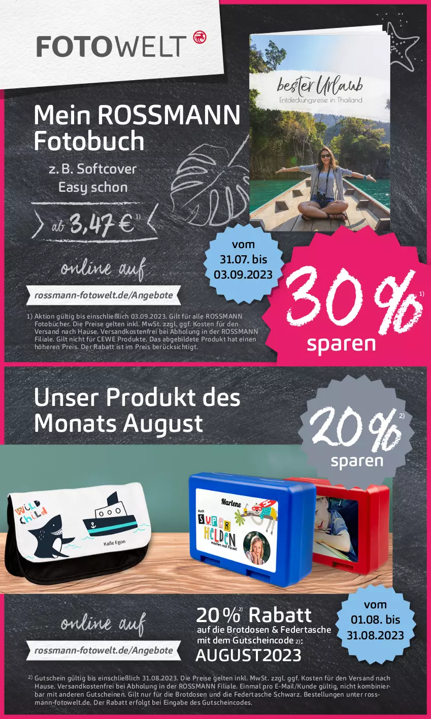 Aktueller Prospekt Rossmann - Prospekte - von 31.07 bis 04.08.2023 - strona 19 - produkty: angebot, angebote, brot, Brotdose, buch, cewe, eis, Fotobuch, gutschein, gutscheine, LG, ndk, reis, Tasche, Ti, versandkostenfrei