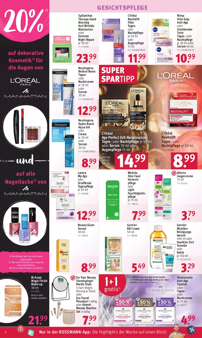 Aktueller Prospekt Rossmann - Prospekte - von 31.07 bis 04.08.2023 - strona 8 - produkty: alterra, aqua, Augenpflege, creme, elle, erde, feuchtigkeitspflege, Finish, For Your Beauty, garnier, gesichtspflege, gsw, kosmetik, lack, Lacke, lavera, M.ASAM, Make-up, mizellen, Mizellen Reinigungswasser, nachtcreme, nachtpflege, Nagellack, neutrogena, nivea, Pinsel, Pinselset, Reinigung, Revital, revitalift, rum, Serum, soja, spartipp, Spezi, spiegel, Standspiegel, Tagespflege, Ti, Tiere, Toner, vita, wasser, weleda, Yo