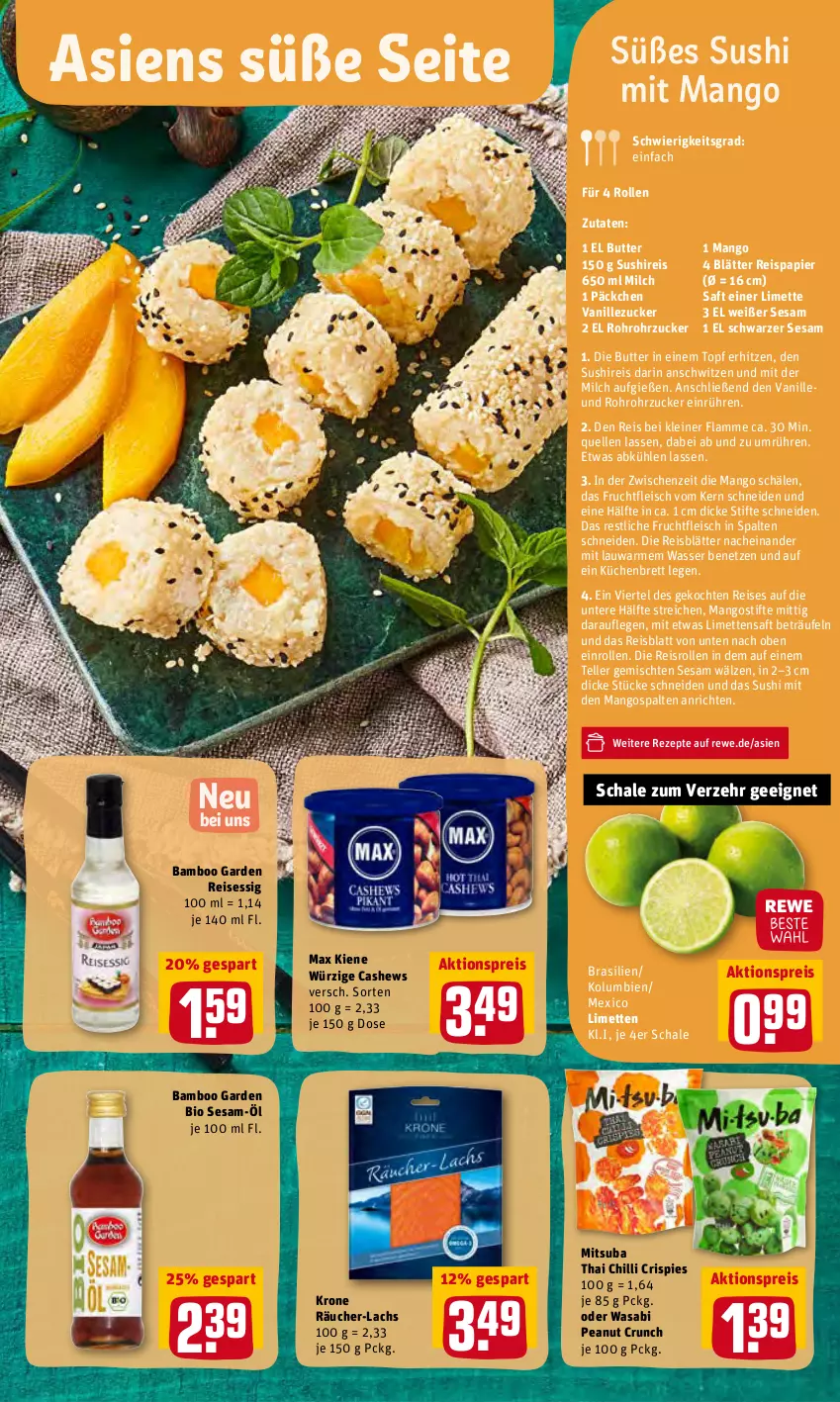 Aktueller Prospekt Rewe - REWE Ihr Kaufpark - von 14.02 bis 19.02.2022 - strona 17 - produkty: aktionspreis, Anrichte, bamboo, bio, butter, Cashew, eis, elle, essig, fleisch, frucht, fruchtfleisch, krone, küche, Küchen, lachs, lamm, leine, limette, limetten, mango, mangos, Mett, metten, milch, papier, reis, rezept, rezepte, rohrzucker, saft, Schal, Schale, sesam, stifte, Sushi, teller, Ti, topf, vanille, wasa, wasser, zucker