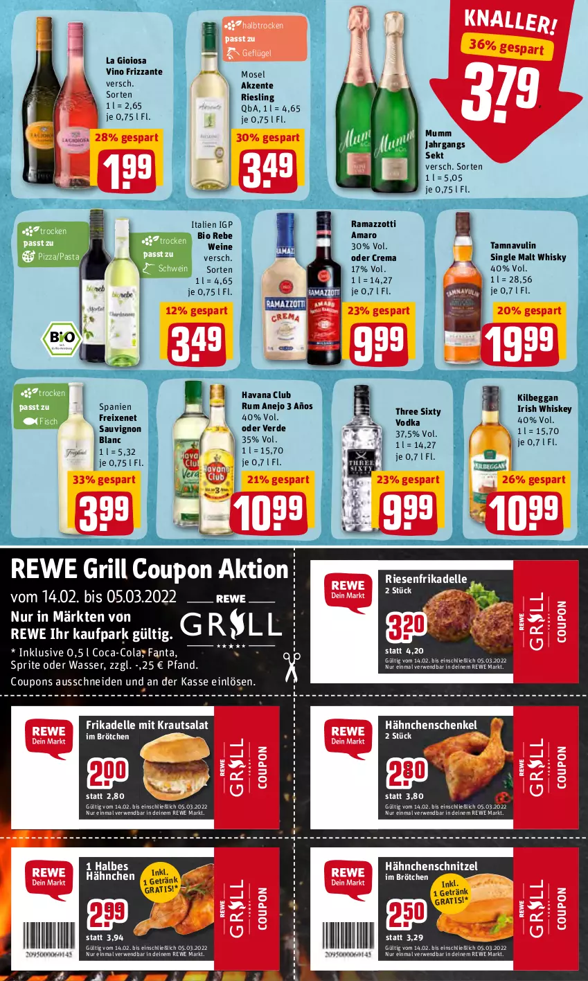 Aktueller Prospekt Rewe - REWE Ihr Kaufpark - von 14.02 bis 19.02.2022 - strona 23 - produkty: amaro, bio, brötchen, coca-cola, cola, coupon, coupons, dell, elle, ente, erde, fanta, fisch, freixenet, frizzante, Geflügel, getränk, grill, hähnchenschenkel, Hähnchenschnitzel, Havana Club, henkel, irish whiskey, kilbeggan, Kraut, krautsalat, La Gioiosa, mumm, pasta, pizza, rama, ramazzott, ramazzotti, riesling, rum, rwe, salat, sauvignon, sauvignon blanc, schenkel, schnitzel, schwein, sekt, senf, single malt, sprite, Three Sixty, Ti, vodka, wasser, wein, weine, whiskey, whisky, zott