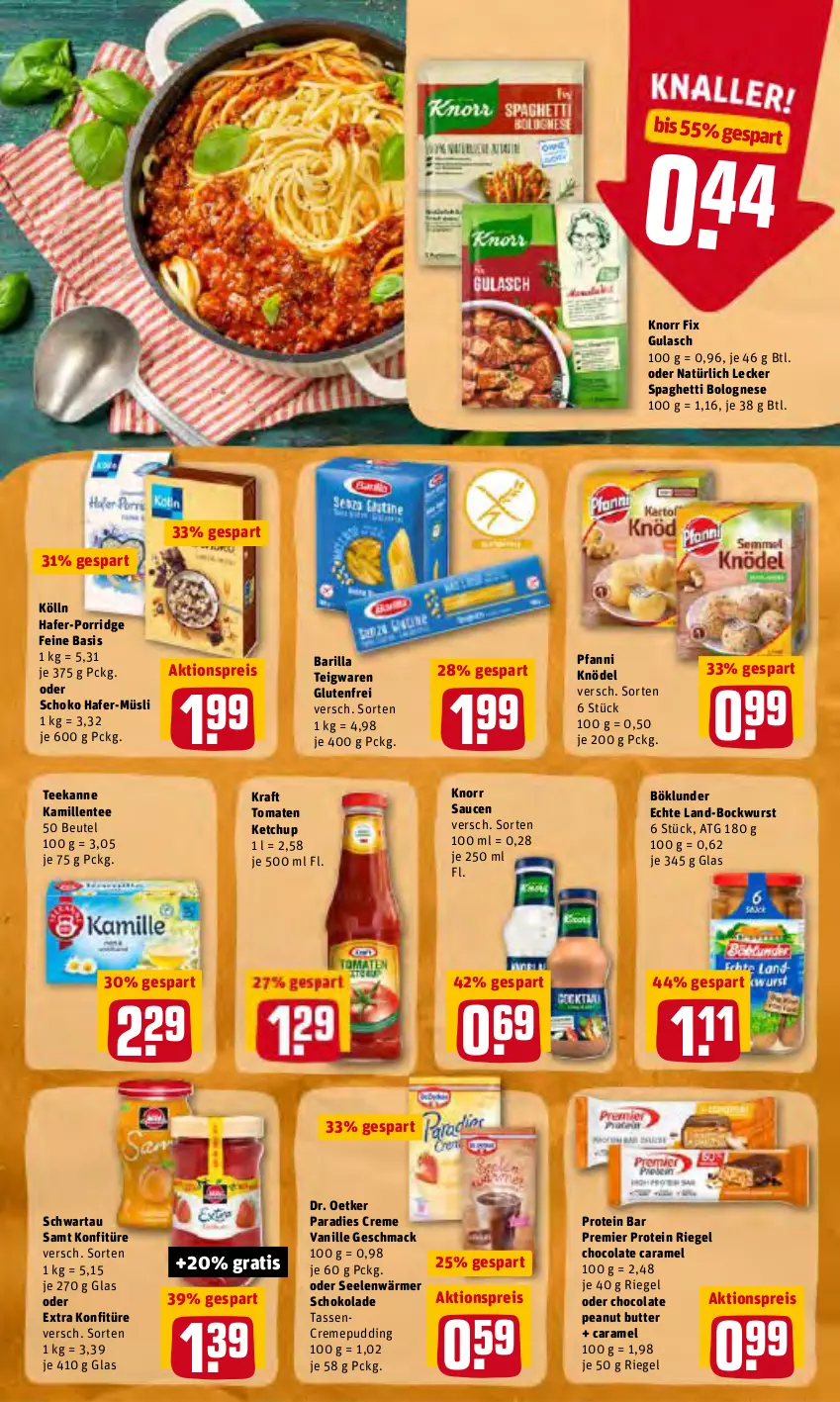 Aktueller Prospekt Rewe - REWE Ihr Kaufpark - von 14.02 bis 19.02.2022 - strona 26 - produkty: aktionspreis, barilla, beutel, bockwurst, böklunder, bolognese, butter, caramel, cola, creme, Dr. Oetker, eis, ente, gulasch, hafer, Kamill, kamille, ketchup, Knödel, knorr, knorr fix, kölln, konfitüre, kraft, mac, müsli, Paradies Creme, peanut butter, pfanni, porridge, pudding, reis, riegel, sauce, saucen, schoko, schokolade, Schwartau, spaghetti, spaghetti bolognese, tasse, tee, teekanne, teigwaren, Ti, tomate, tomaten, tomaten ketchup, vanille, wurst